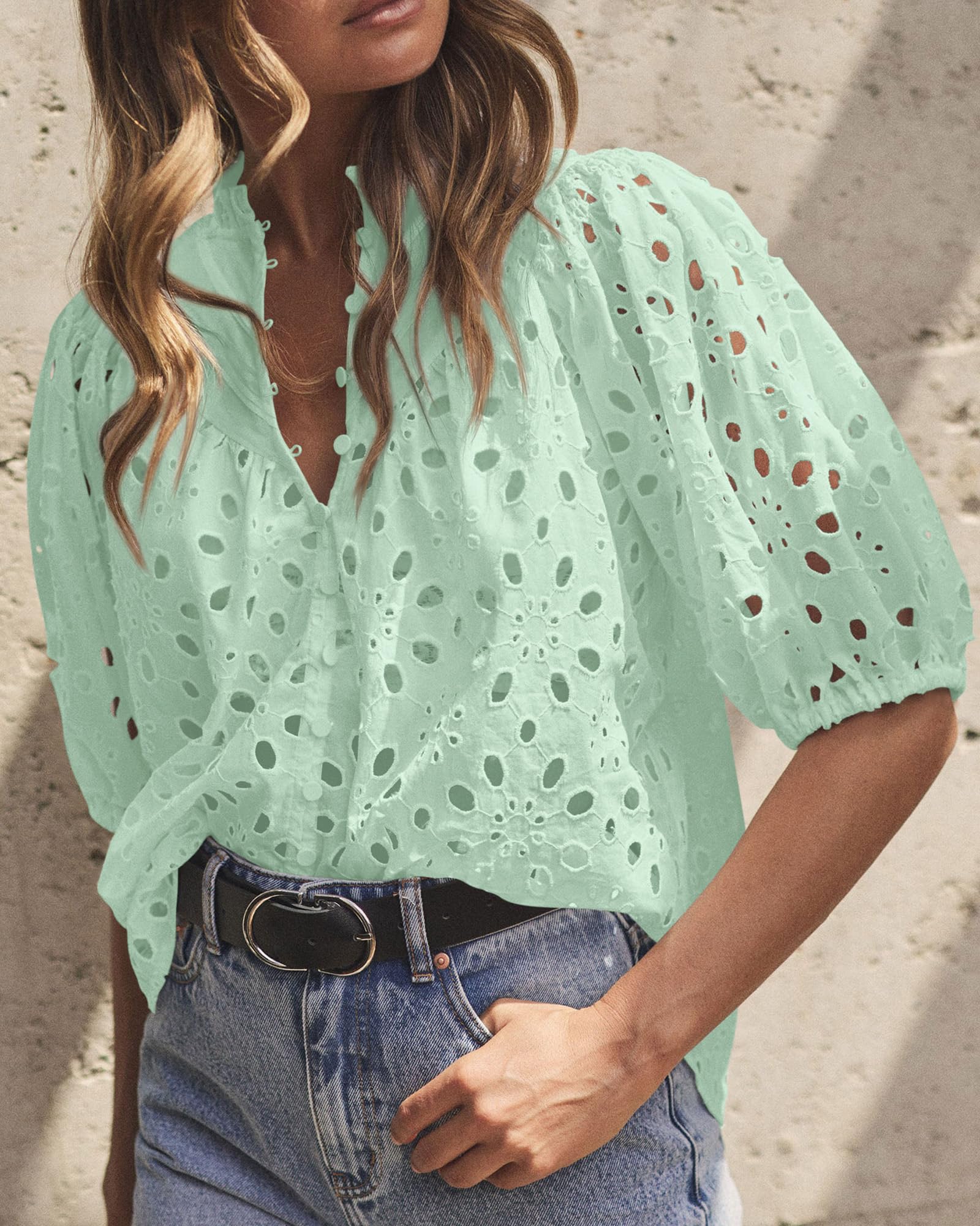 PRETTYGARDEN Women's Summer Short Sleeve Tops Dressy Casual Buttons V Neck Hollow Out Lace Embroidered Blouses Shirts - Image 79
