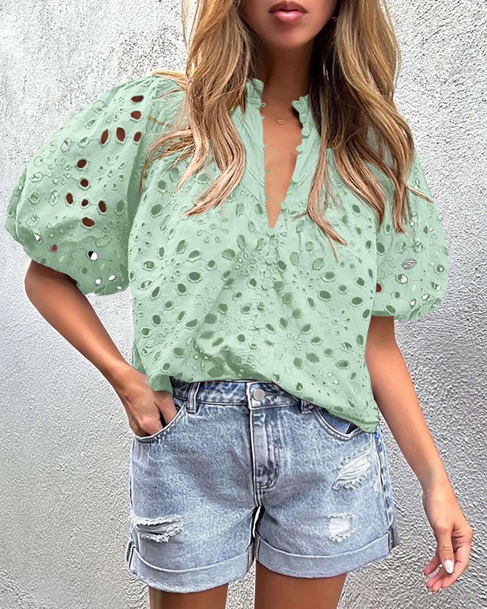 PRETTYGARDEN Women's Summer Short Sleeve Tops Dressy Casual Buttons V Neck Hollow Out Lace Embroidered Blouses Shirts - Image 80