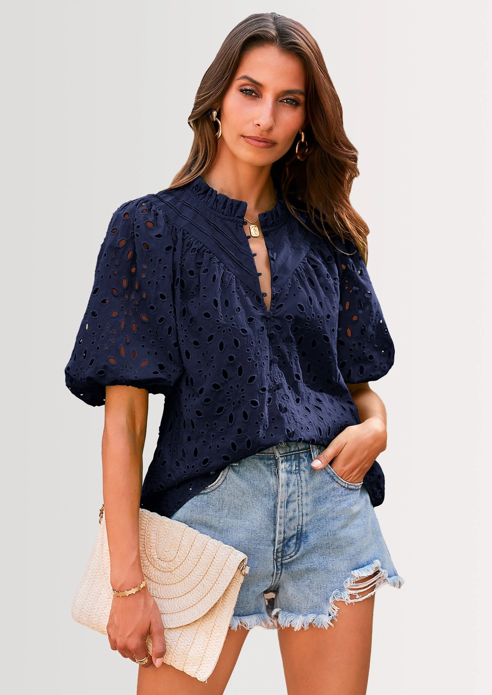 PRETTYGARDEN Women's Summer Short Sleeve Tops Dressy Casual Buttons V Neck Hollow Out Lace Embroidered Blouses Shirts - Image 81