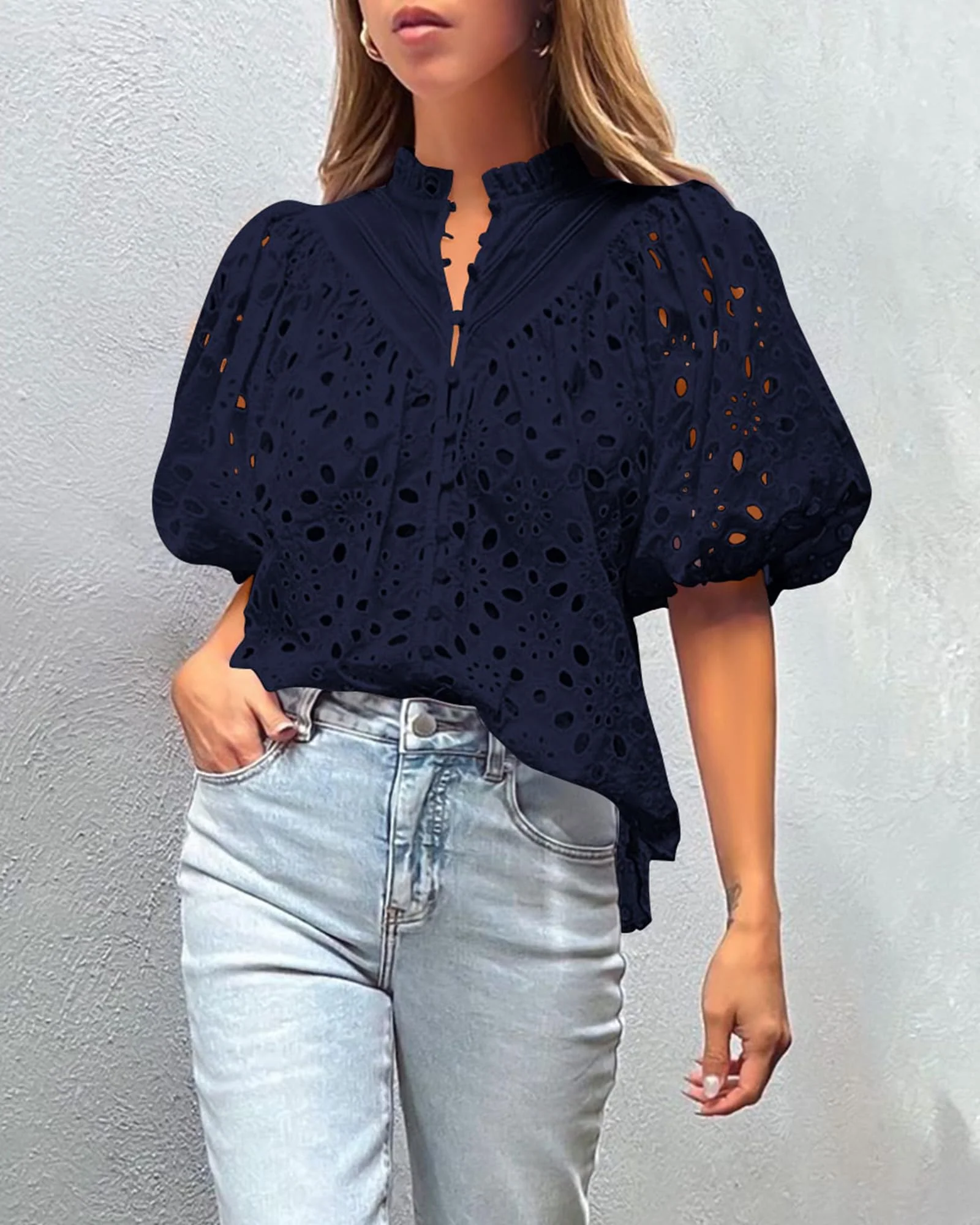 PRETTYGARDEN Women's Summer Short Sleeve Tops Dressy Casual Buttons V Neck Hollow Out Lace Embroidered Blouses Shirts - Image 85
