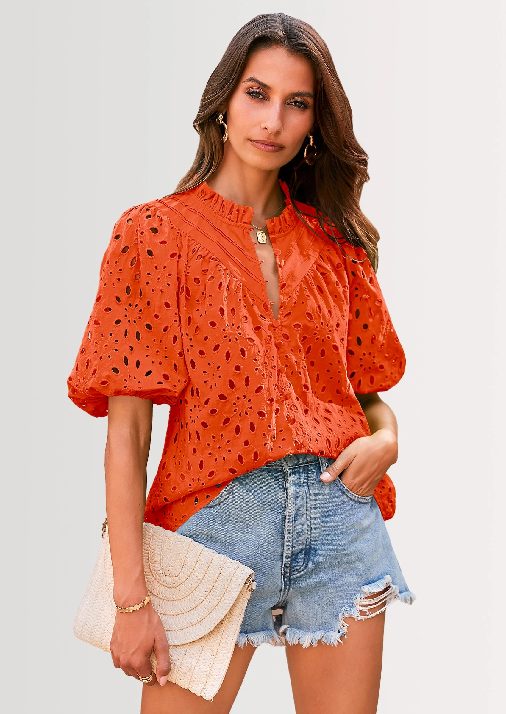 PRETTYGARDEN Women's Summer Short Sleeve Tops Dressy Casual Buttons V Neck Hollow Out Lace Embroidered Blouses Shirts - Image 87