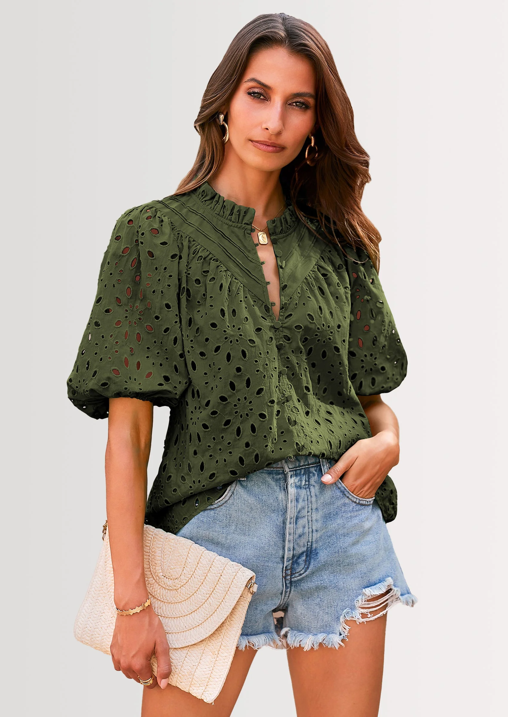 PRETTYGARDEN Women's Summer Short Sleeve Tops Dressy Casual Buttons V Neck Hollow Out Lace Embroidered Blouses Shirts - Image 9