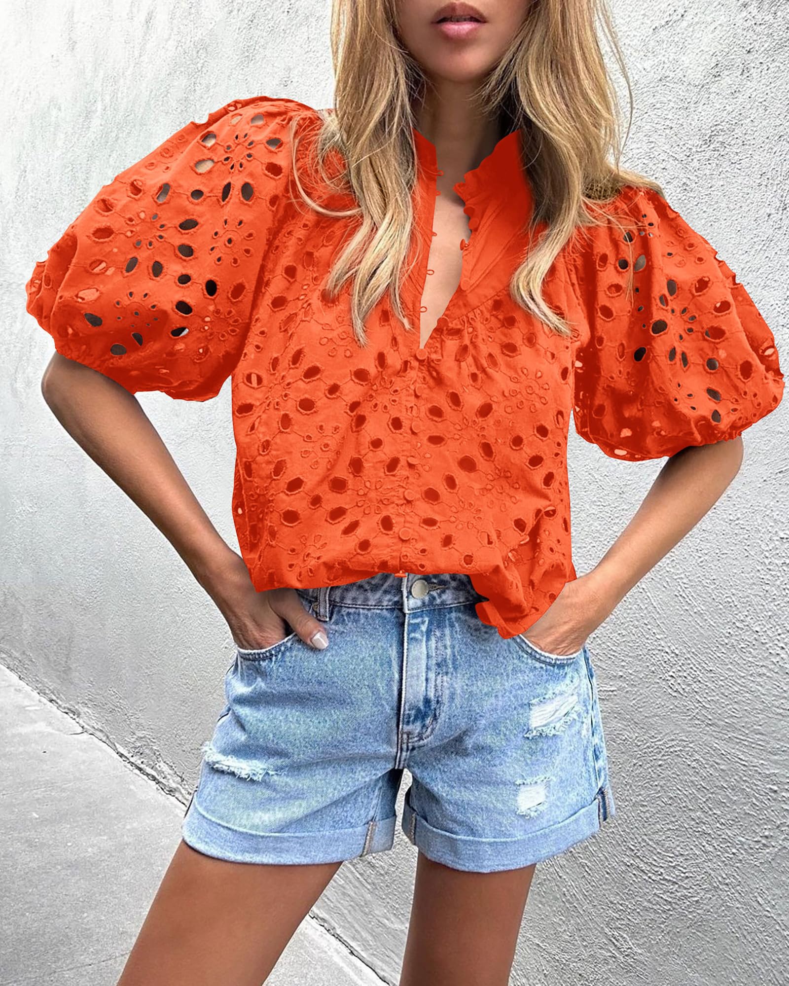 PRETTYGARDEN Women's Summer Short Sleeve Tops Dressy Casual Buttons V Neck Hollow Out Lace Embroidered Blouses Shirts - Image 90