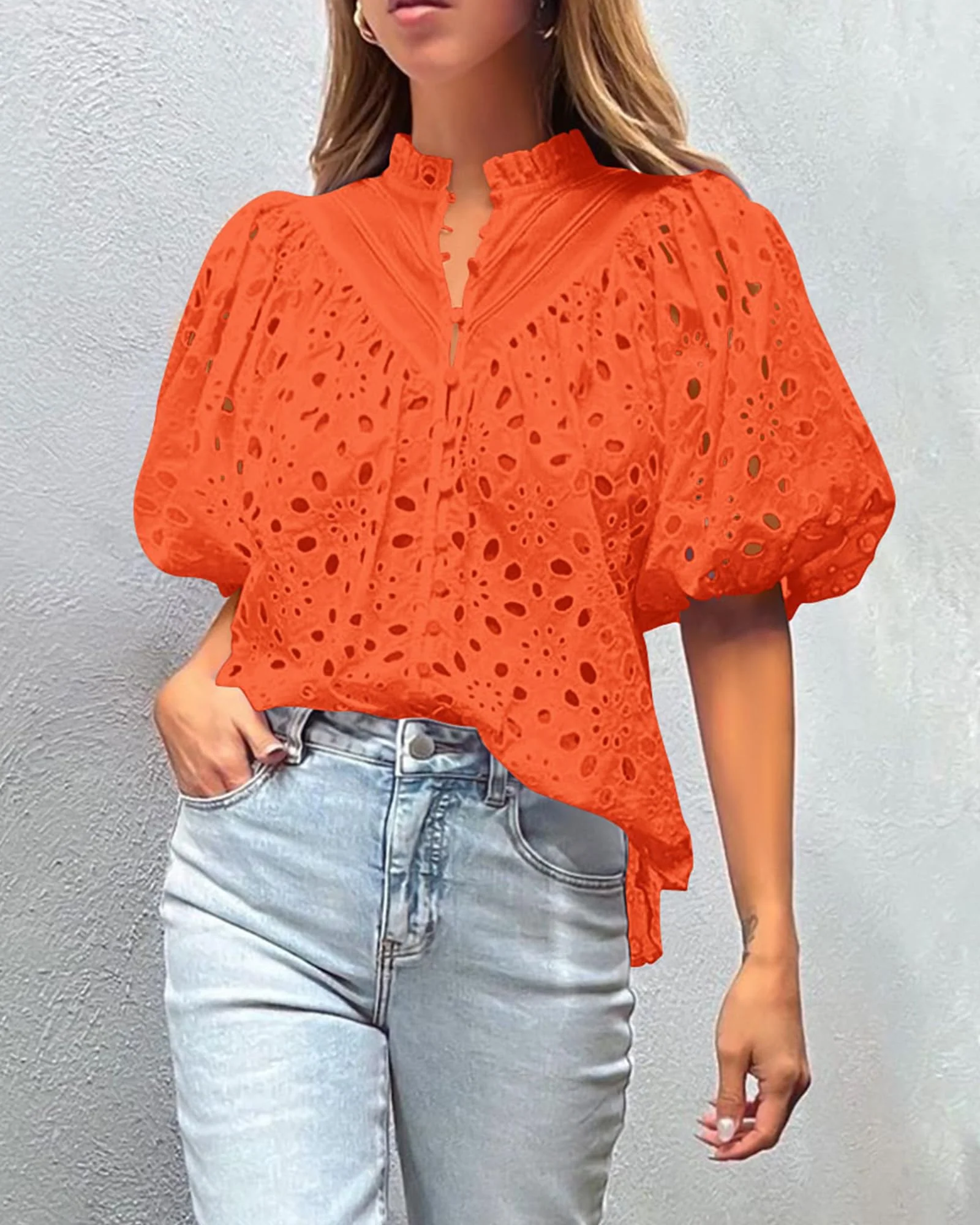 PRETTYGARDEN Women's Summer Short Sleeve Tops Dressy Casual Buttons V Neck Hollow Out Lace Embroidered Blouses Shirts - Image 91