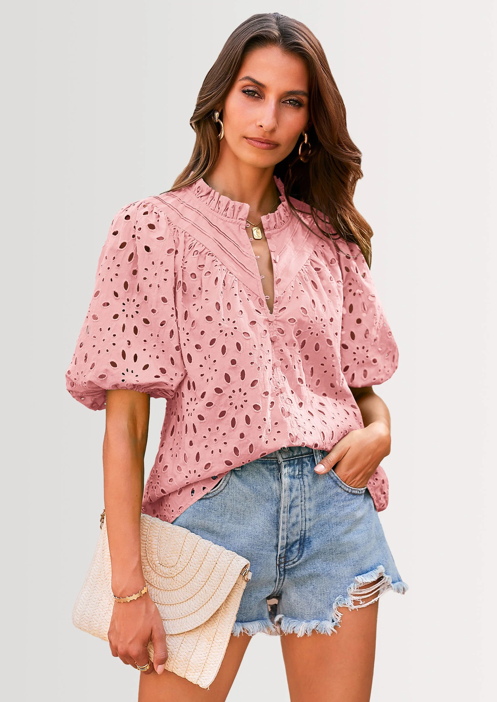 PRETTYGARDEN Women's Summer Short Sleeve Tops Dressy Casual Buttons V Neck Hollow Out Lace Embroidered Blouses Shirts - Image 94