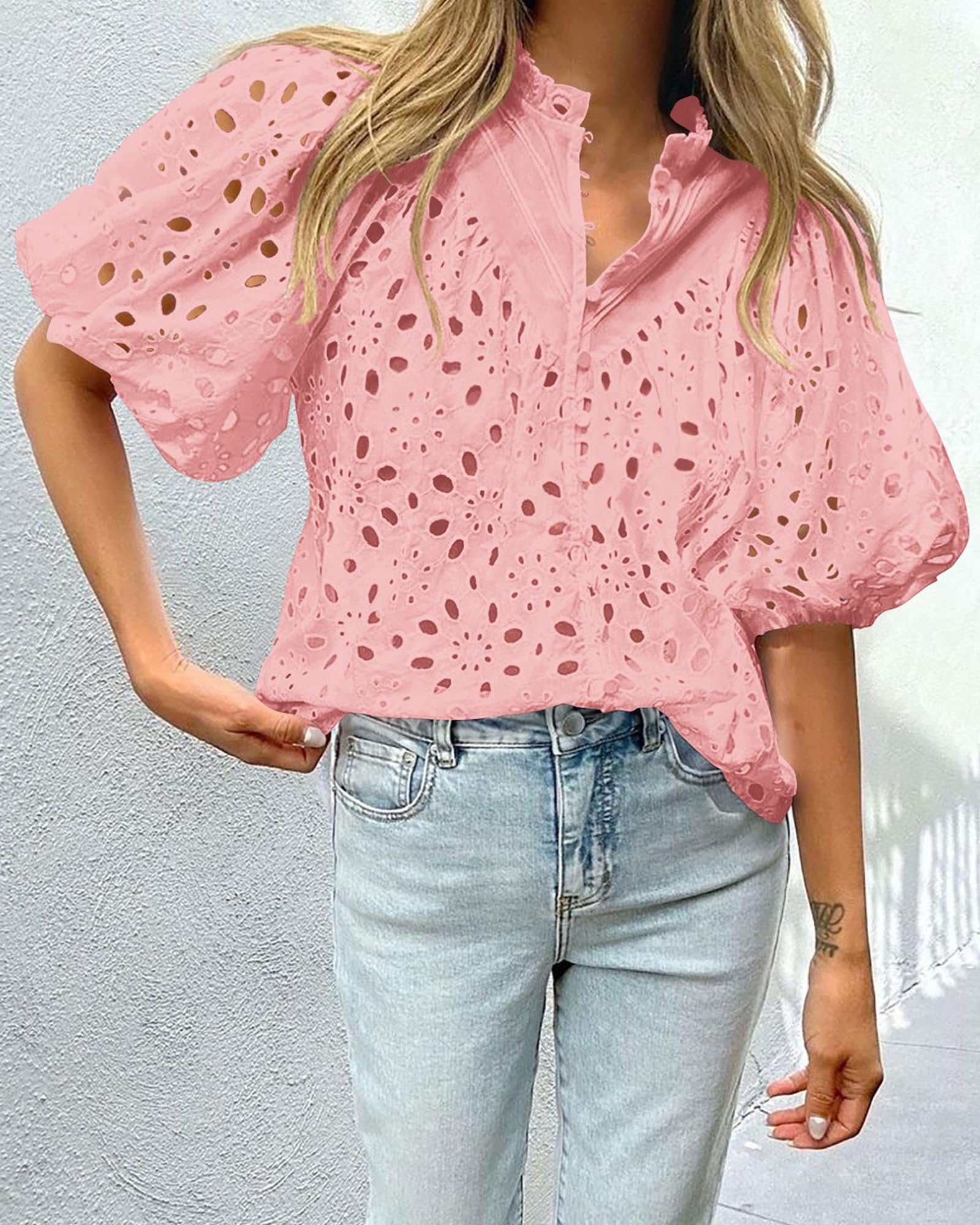 PRETTYGARDEN Women's Summer Short Sleeve Tops Dressy Casual Buttons V Neck Hollow Out Lace Embroidered Blouses Shirts - Image 96