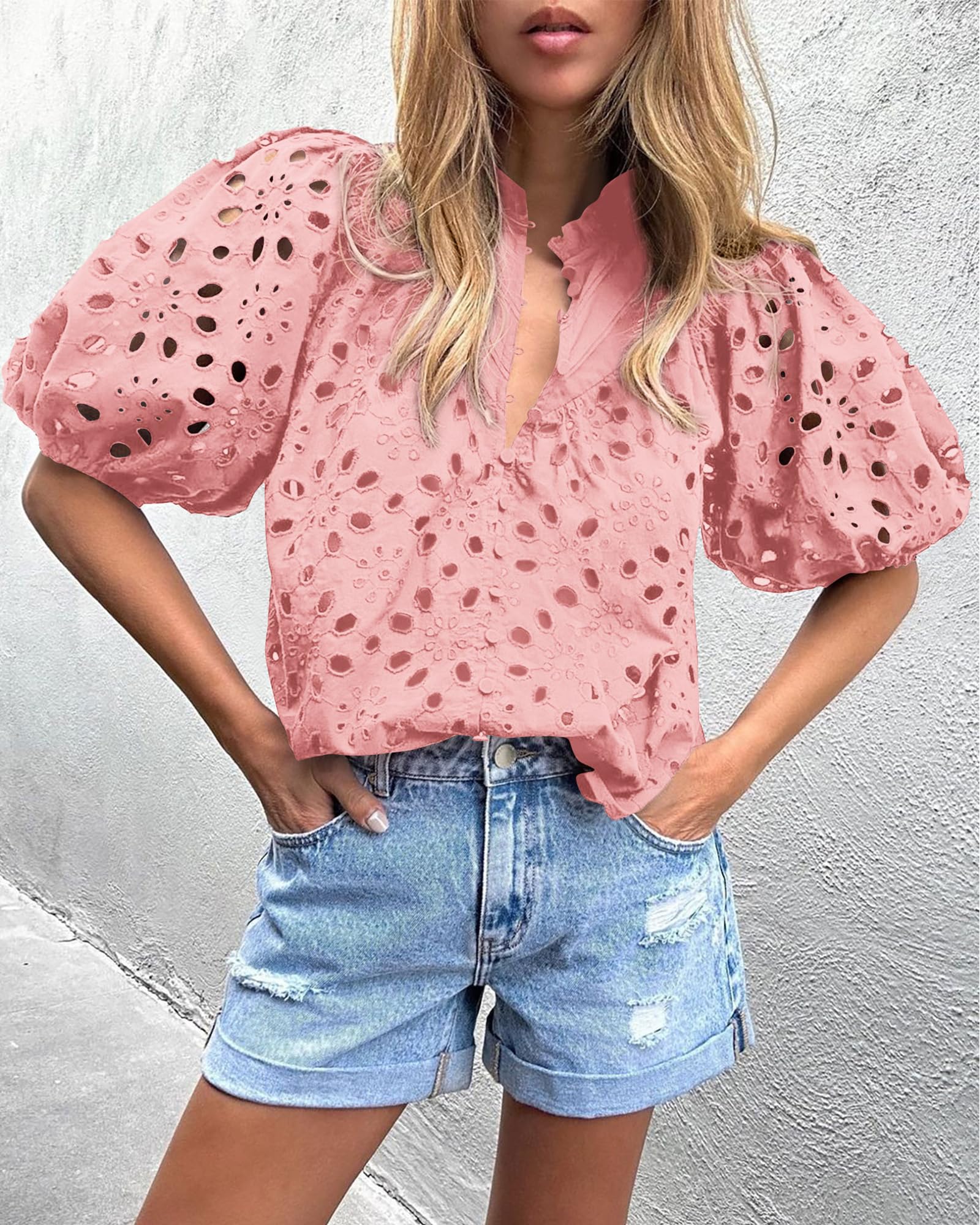 PRETTYGARDEN Women's Summer Short Sleeve Tops Dressy Casual Buttons V Neck Hollow Out Lace Embroidered Blouses Shirts - Image 97