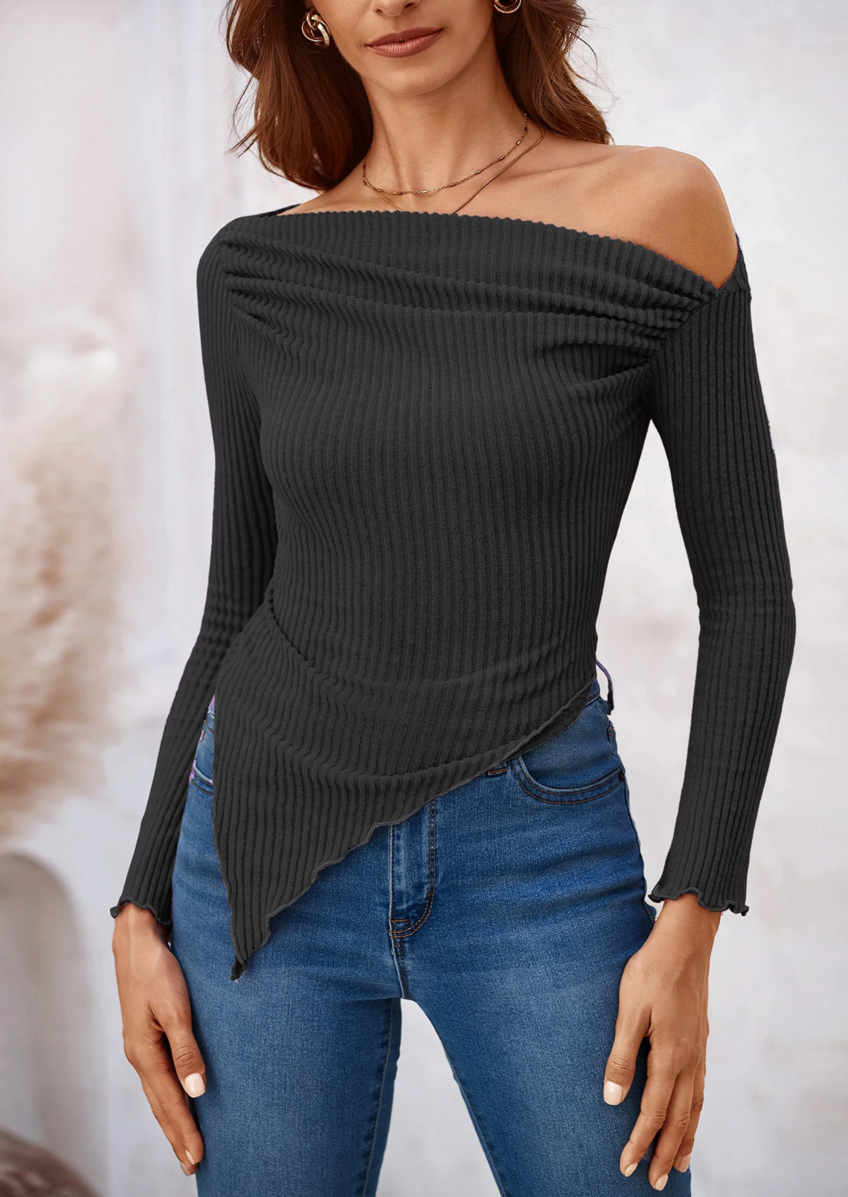 PRETTYGARDEN Women's Spring Long Sleeve Y2K Crop Top Trendy Off Shoulder Asymmetrical Fitted Knit Tee Shirts Going Out Tops - Image 13