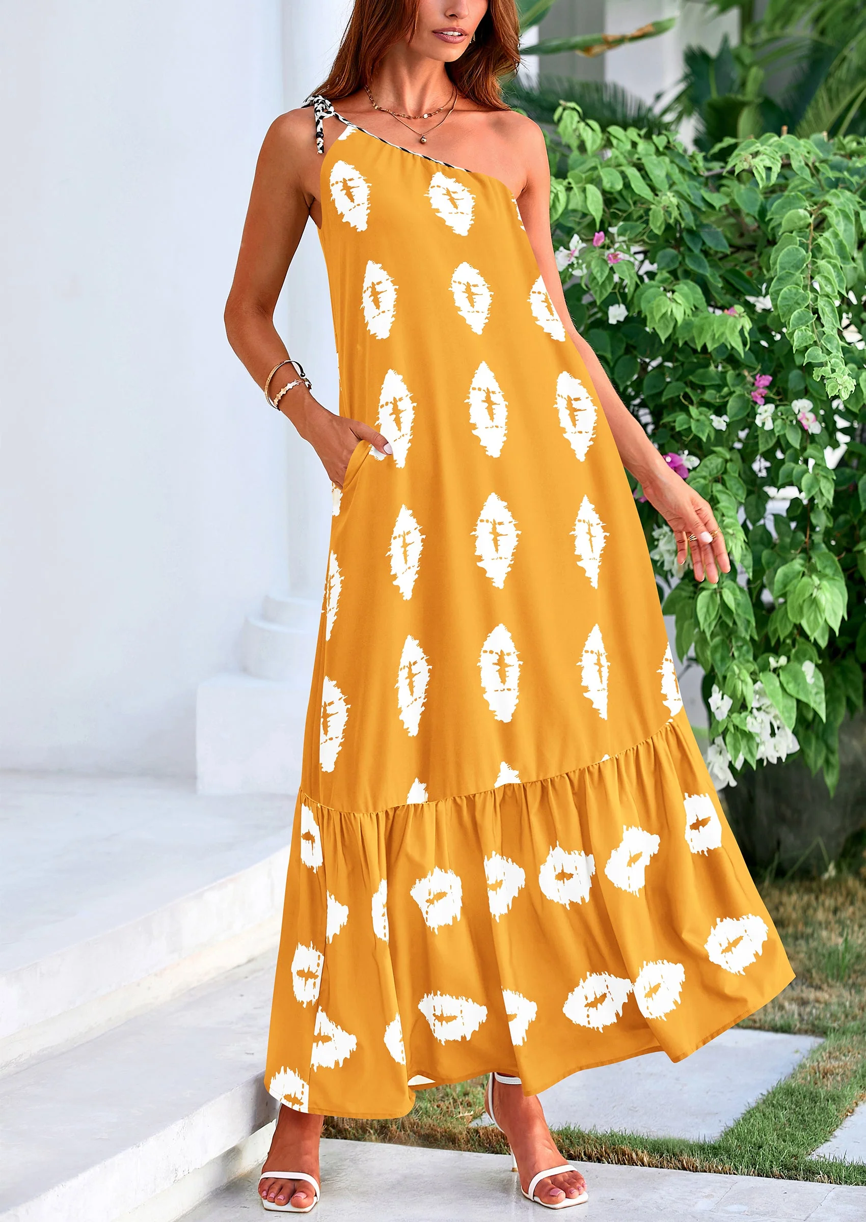 PRETTYGARDEN Women's Summer Maxi Dresses One Shoulder Printed Flowy Boho Beach Vacation Long Sundress - Image 5