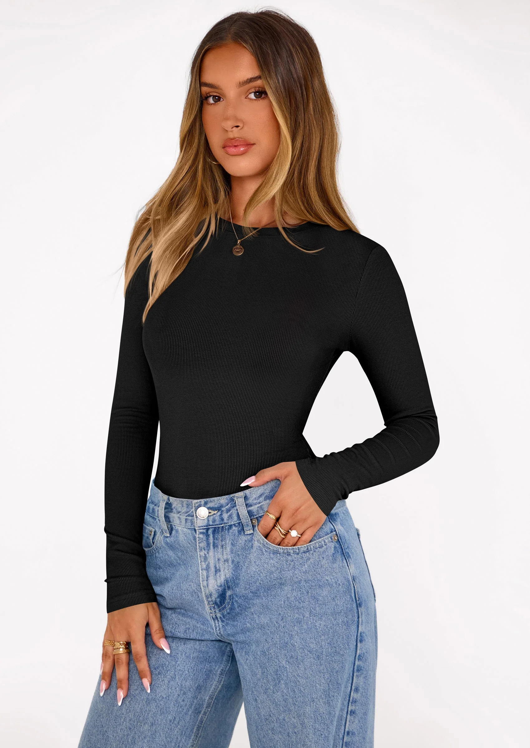 PRETTYGARDEN Bodysuits for Women Fall Long Sleeve Shirts Slim Fitted Basic Ribbed Layering Tops Fashion Winter Clothing - Image 25