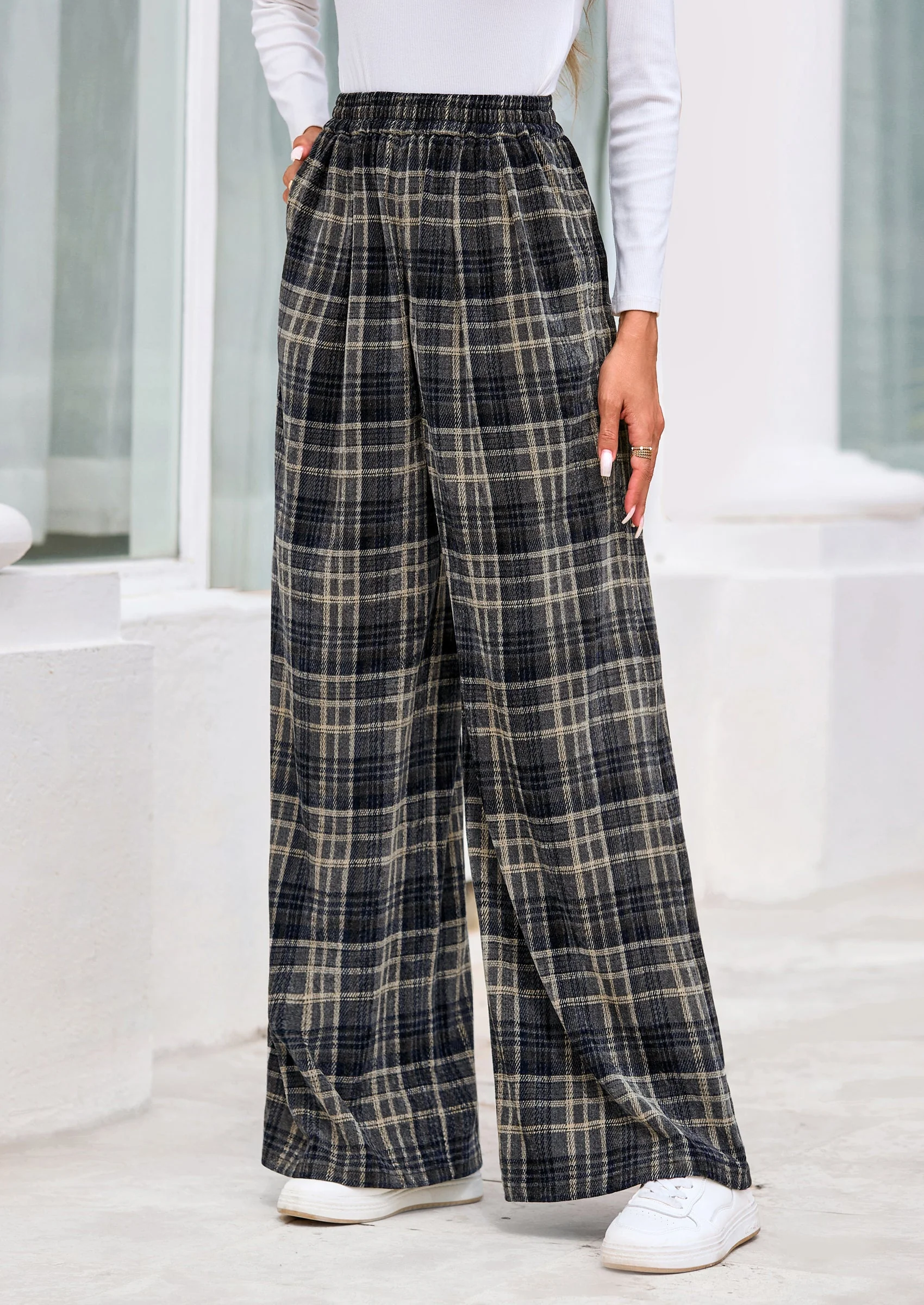 PRETTYGARDEN Casual Women's Pants Elastic Waist Palazzo Long Stretchy Wide Leg Trousers Knit Fall Outfits with Pockets - Image 16