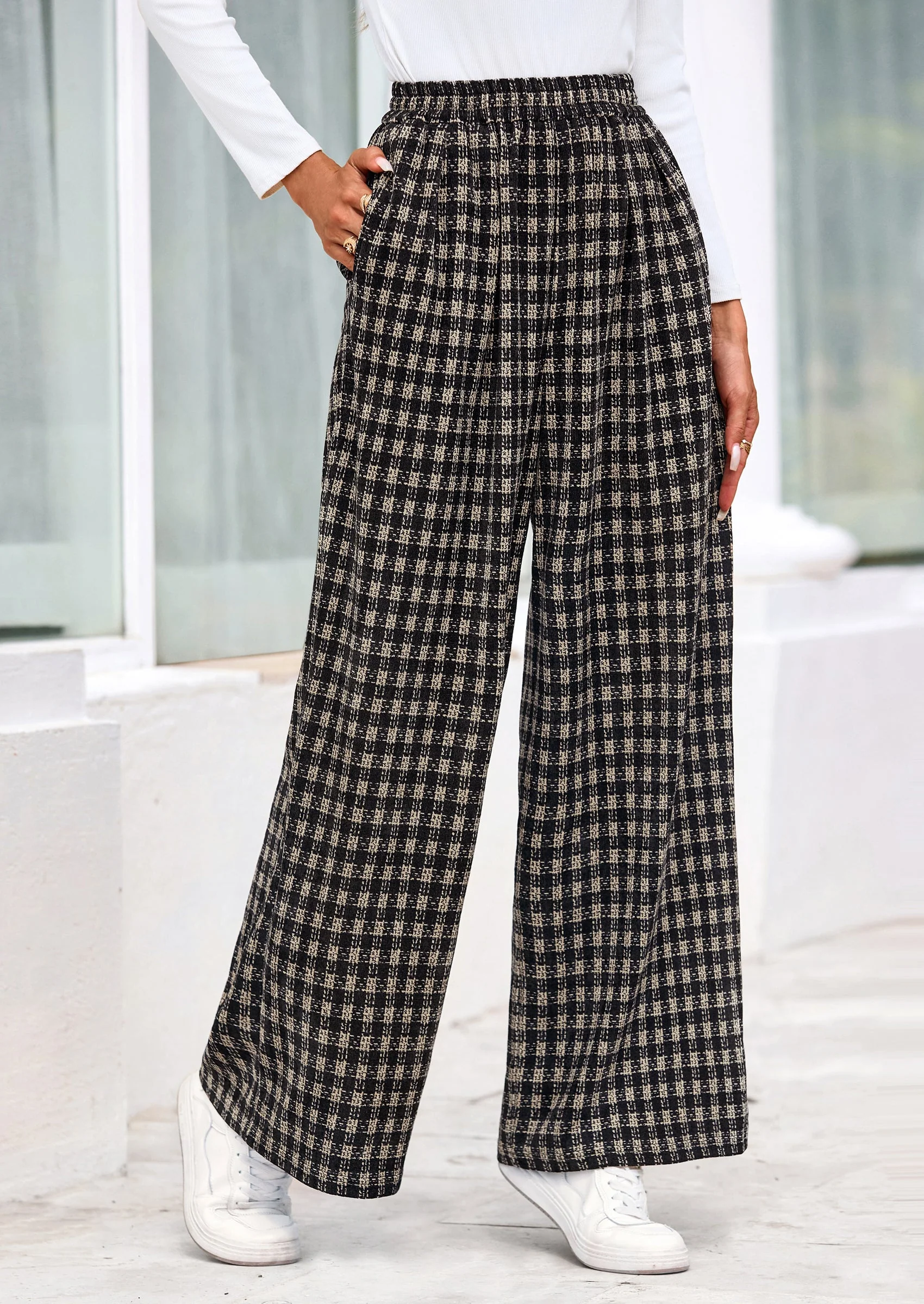 PRETTYGARDEN Casual Women's Pants Elastic Waist Palazzo Long Stretchy Wide Leg Trousers Knit Fall Outfits with Pockets - Image 32