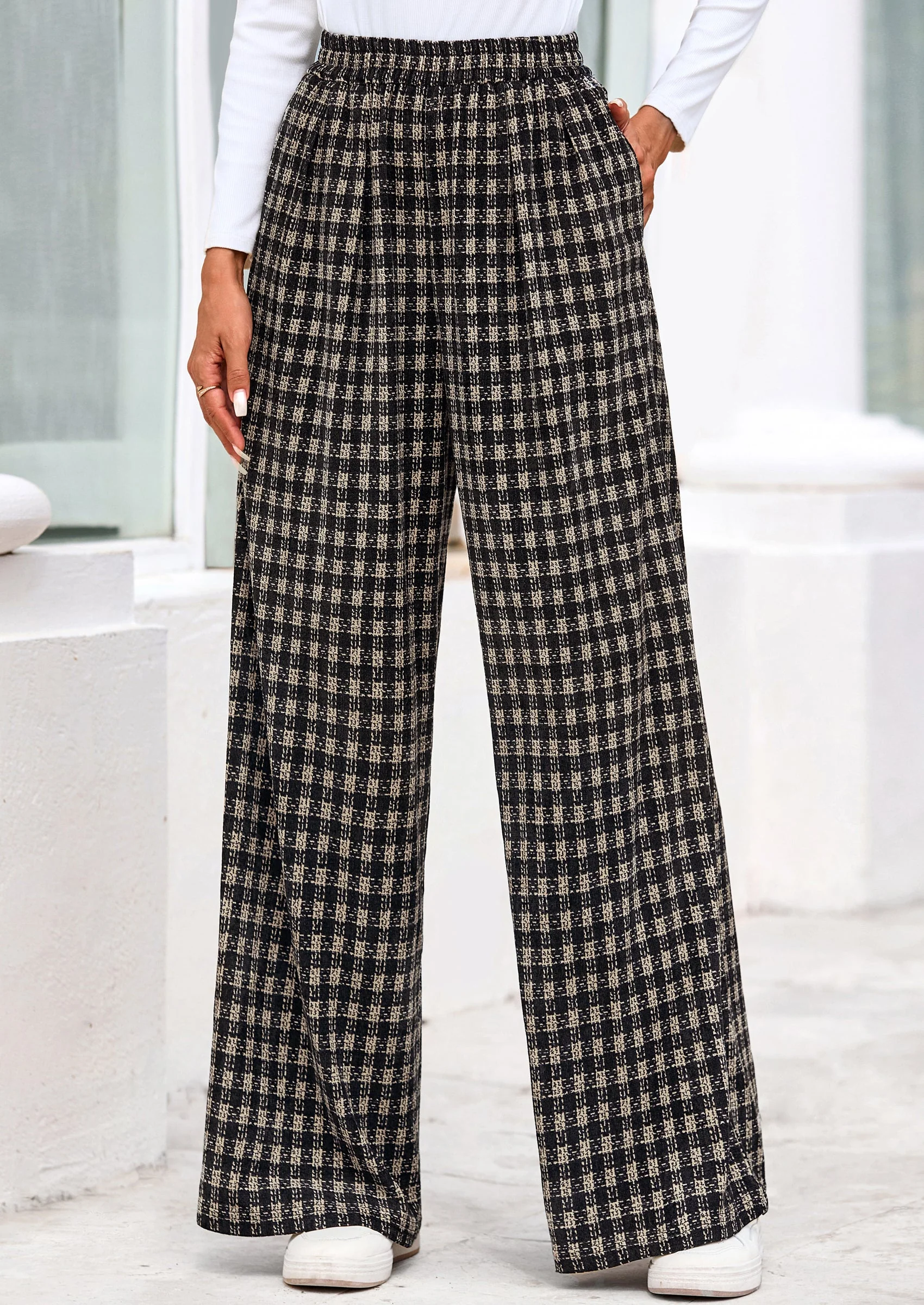 PRETTYGARDEN Casual Women's Pants Elastic Waist Palazzo Long Stretchy Wide Leg Trousers Knit Fall Outfits with Pockets - Image 33