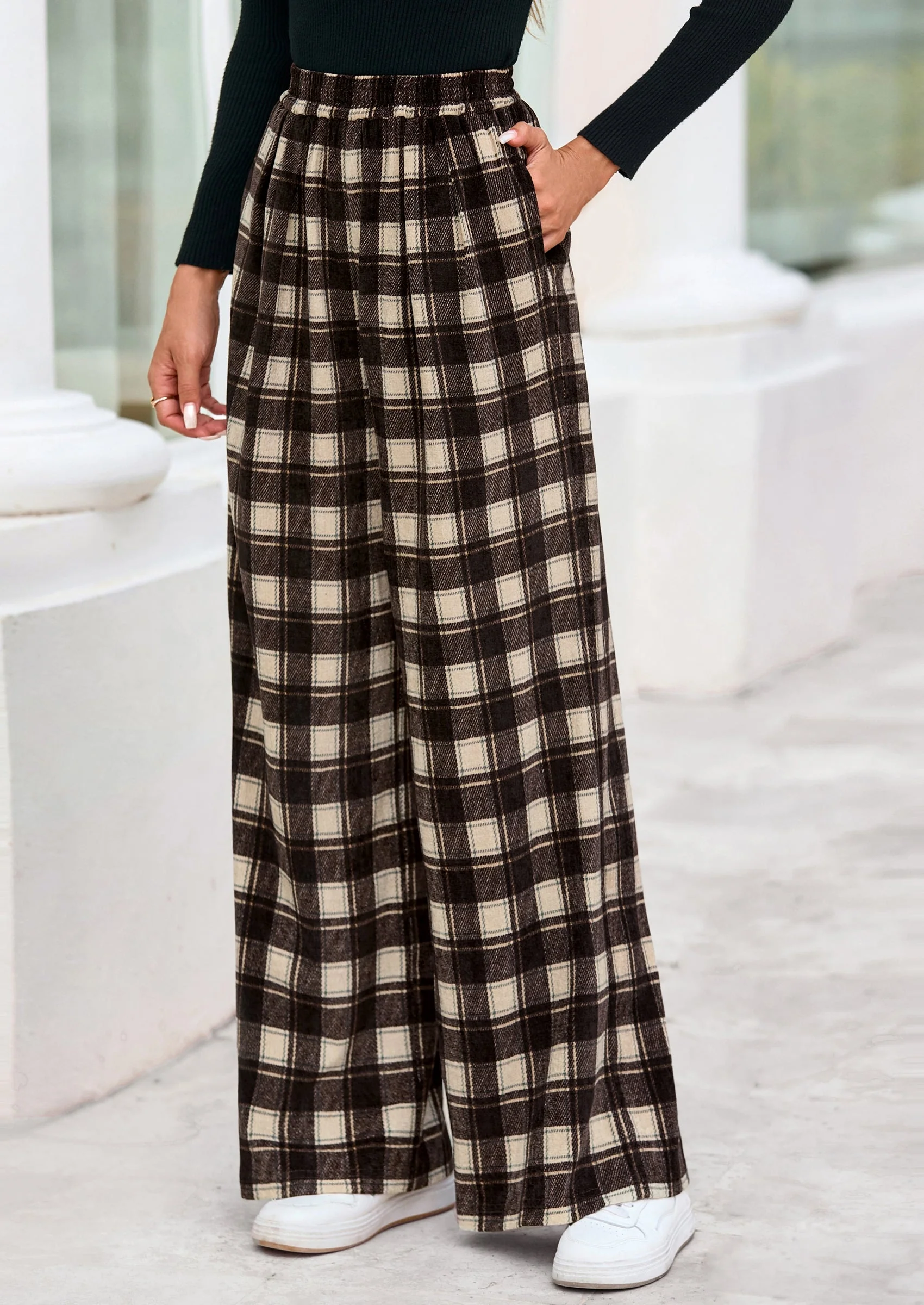 PRETTYGARDEN Casual Women's Pants Elastic Waist Palazzo Long Stretchy Wide Leg Trousers Knit Fall Outfits with Pockets - Image 4