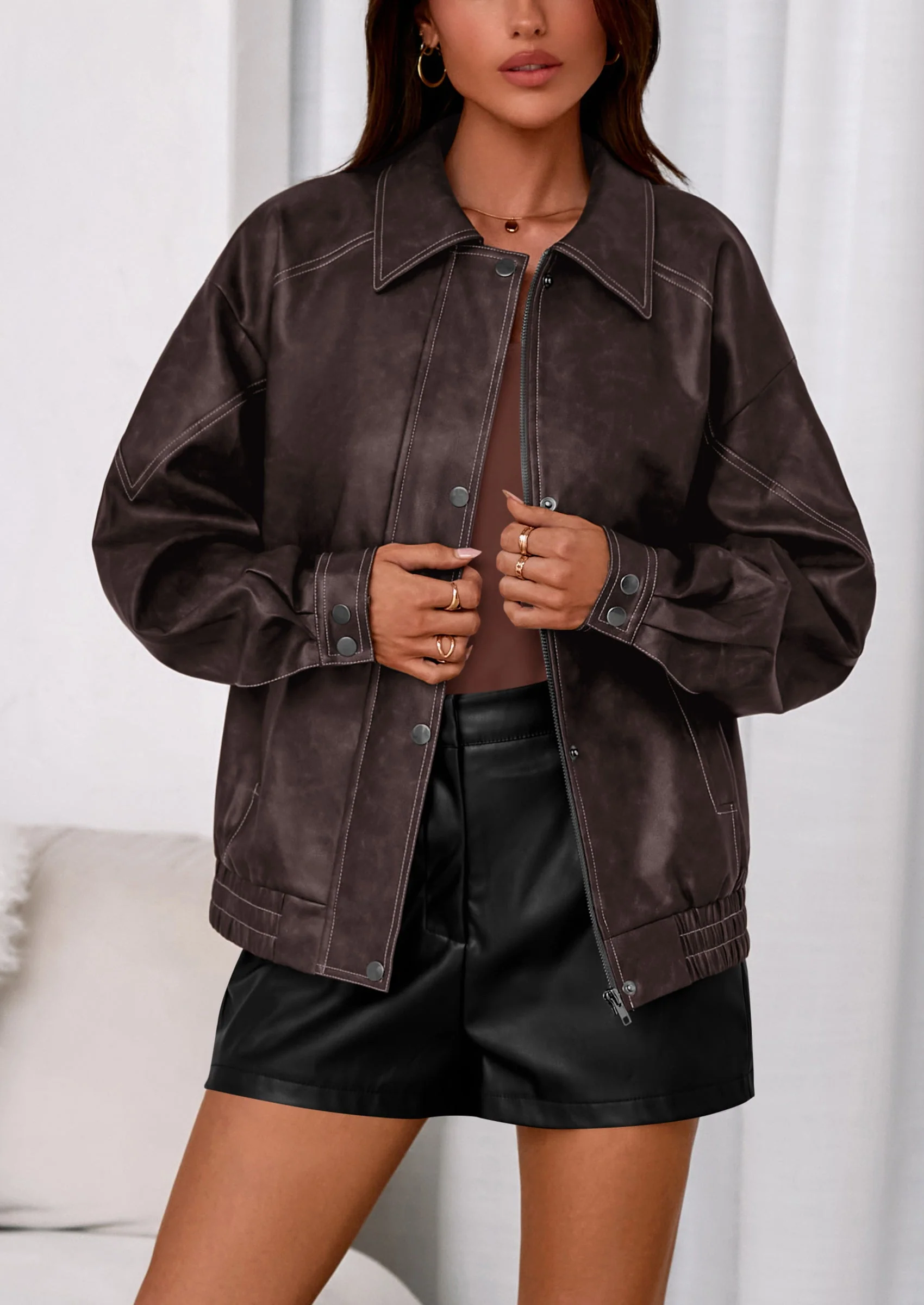 PRETTYGARDEN Faux Leather Jacket Women Bomber Motorcycle Zip Up Jackets Oversized Fall Fashion Outfits Winter Coats - Image 10