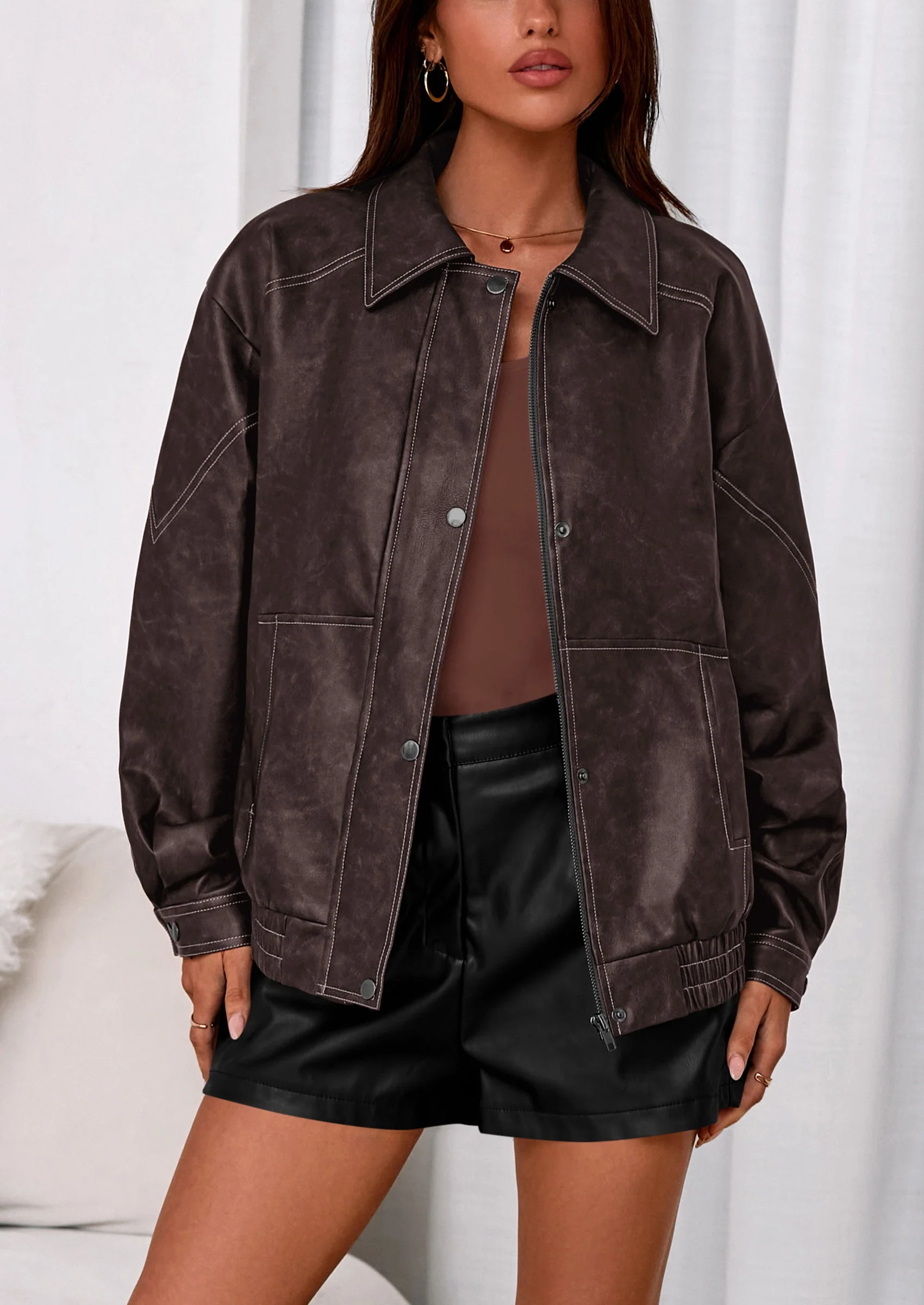 PRETTYGARDEN Faux Leather Jacket Women Bomber Motorcycle Zip Up Jackets Oversized Fall Fashion Outfits Winter Coats - Image 11