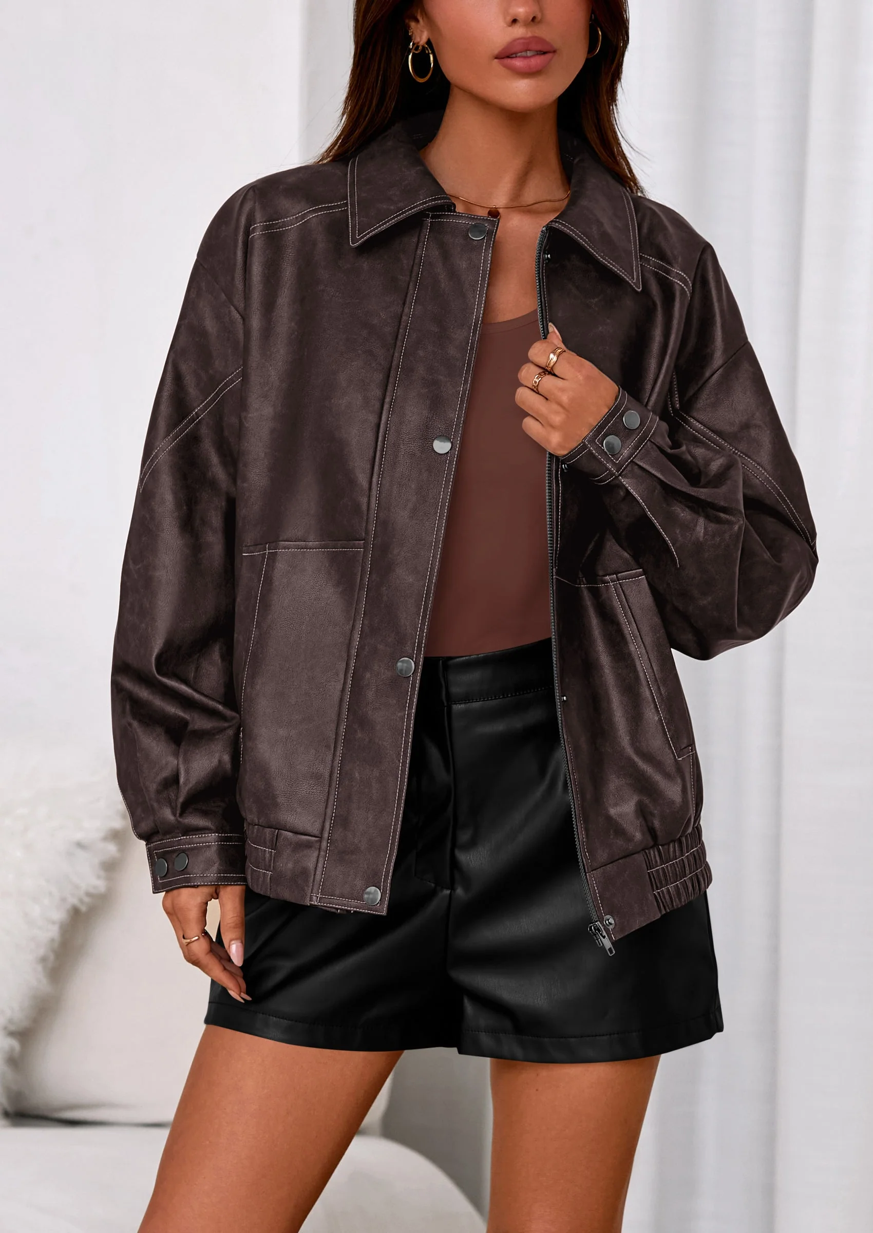 PRETTYGARDEN Faux Leather Jacket Women Bomber Motorcycle Zip Up Jackets Oversized Fall Fashion Outfits Winter Coats - Image 13