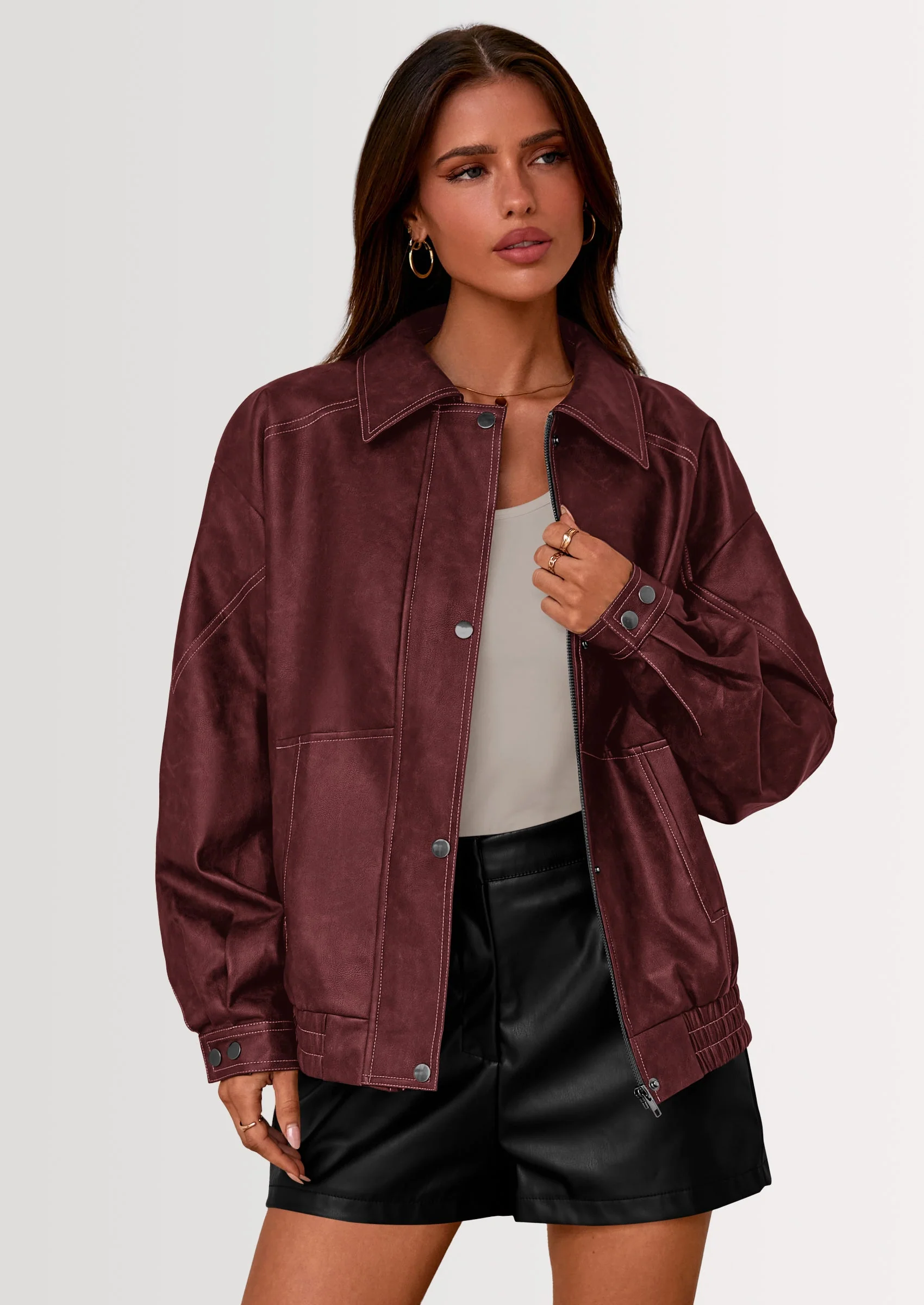 PRETTYGARDEN Faux Leather Jacket Women Bomber Motorcycle Zip Up Jackets Oversized Fall Fashion Outfits Winter Coats - Image 14