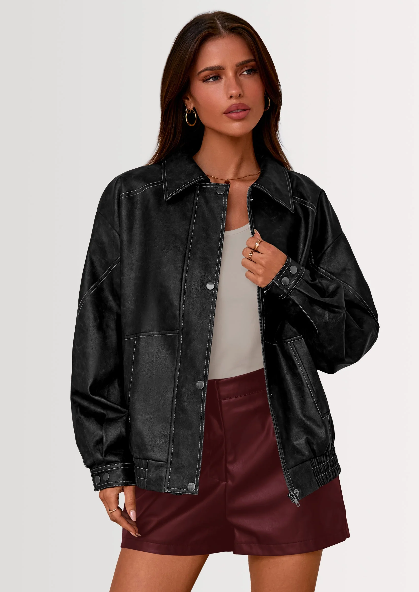 PRETTYGARDEN Faux Leather Jacket Women Bomber Motorcycle Zip Up Jackets Oversized Fall Fashion Outfits Winter Coats - Image 20