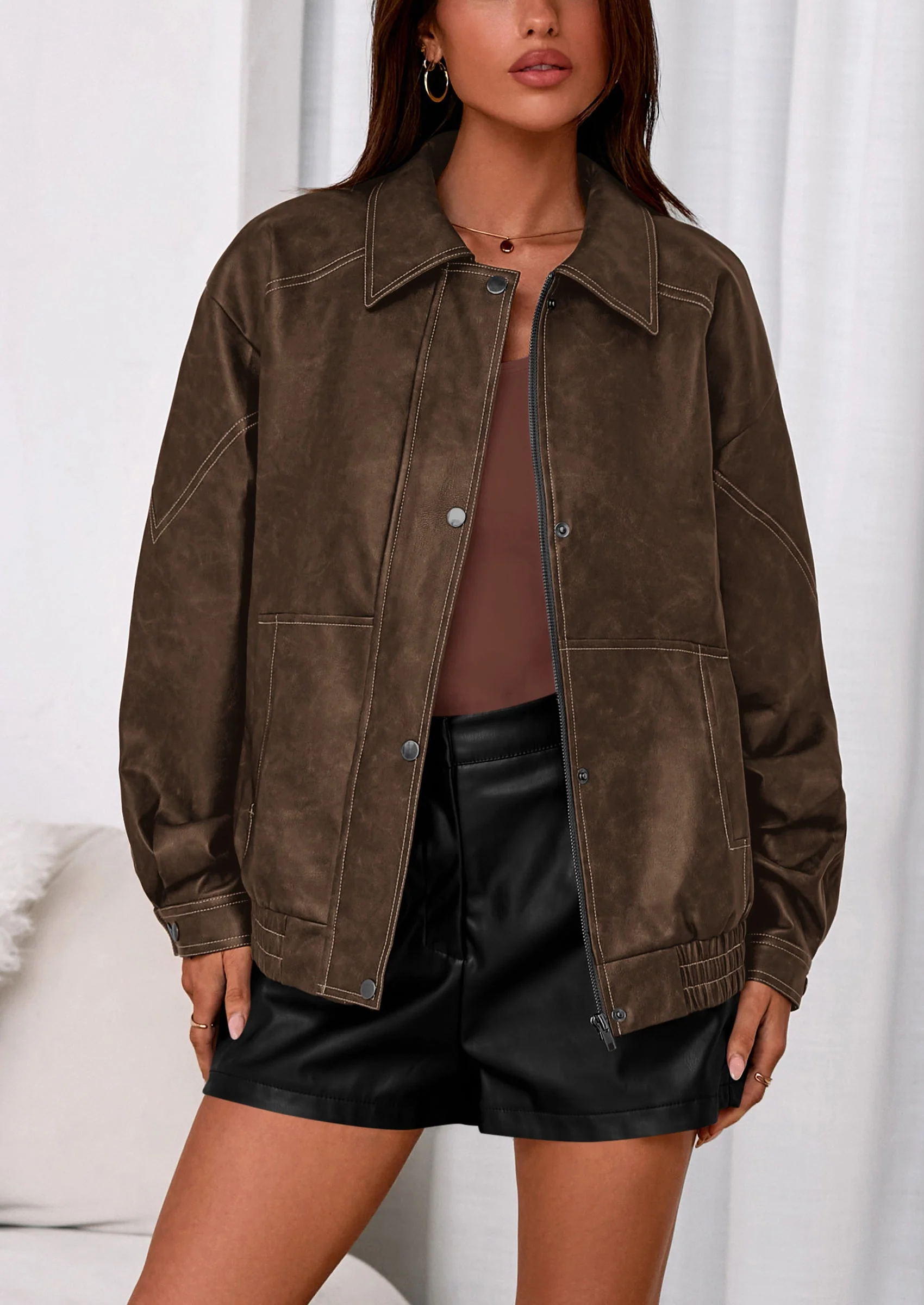 PRETTYGARDEN Faux Leather Jacket Women Bomber Motorcycle Zip Up Jackets Oversized Fall Fashion Outfits Winter Coats - Image 4