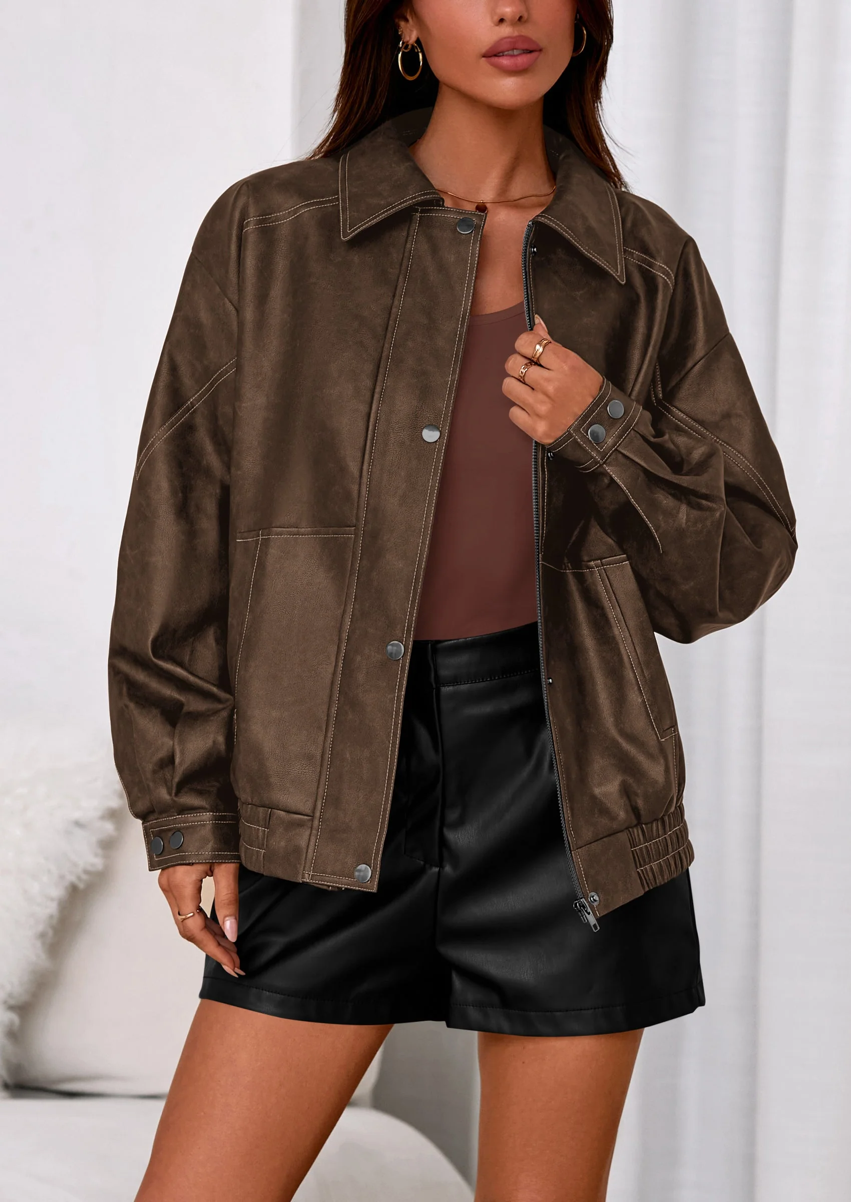 PRETTYGARDEN Faux Leather Jacket Women Bomber Motorcycle Zip Up Jackets Oversized Fall Fashion Outfits Winter Coats - Image 6