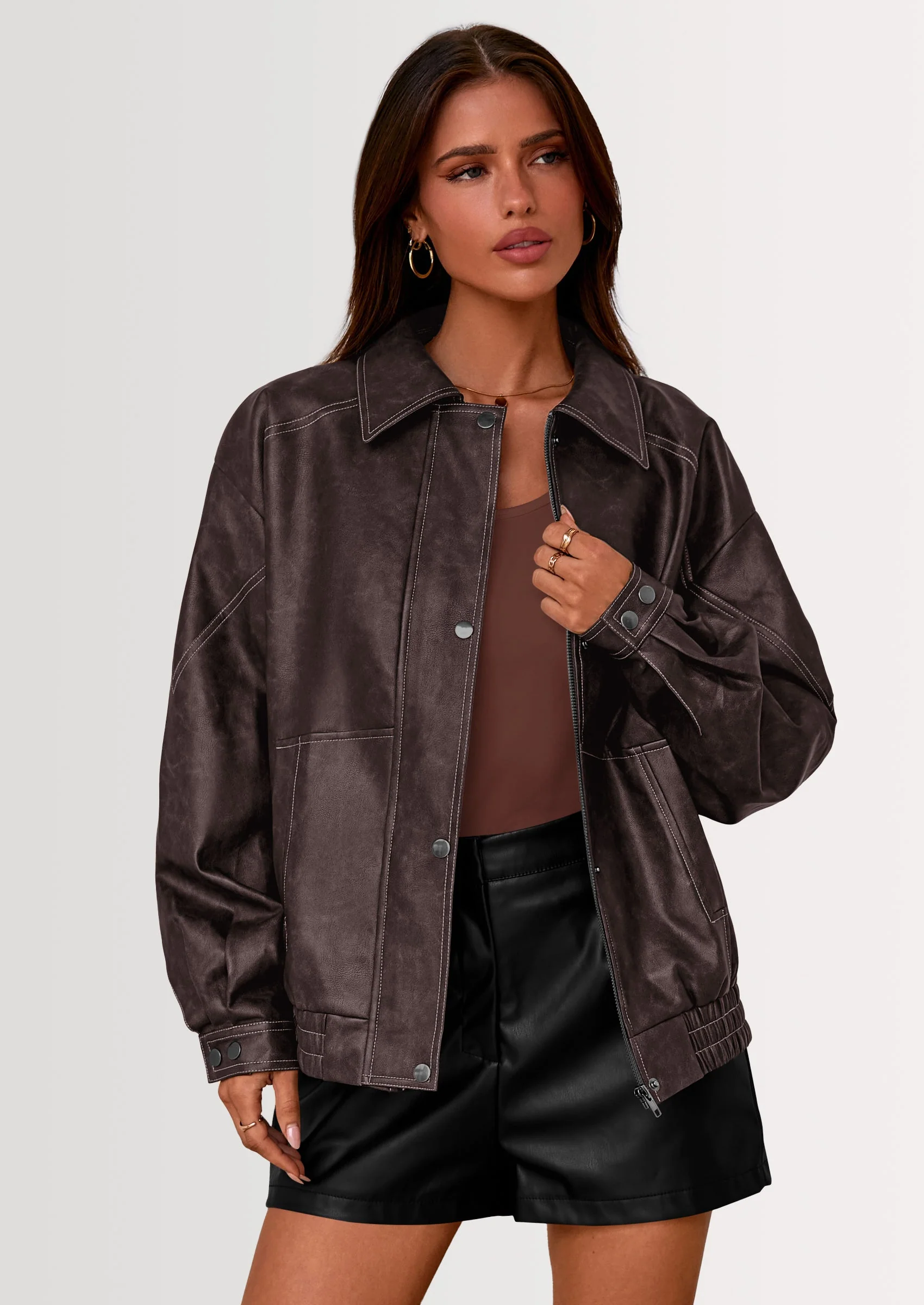 PRETTYGARDEN Faux Leather Jacket Women Bomber Motorcycle Zip Up Jackets Oversized Fall Fashion Outfits Winter Coats - Image 8