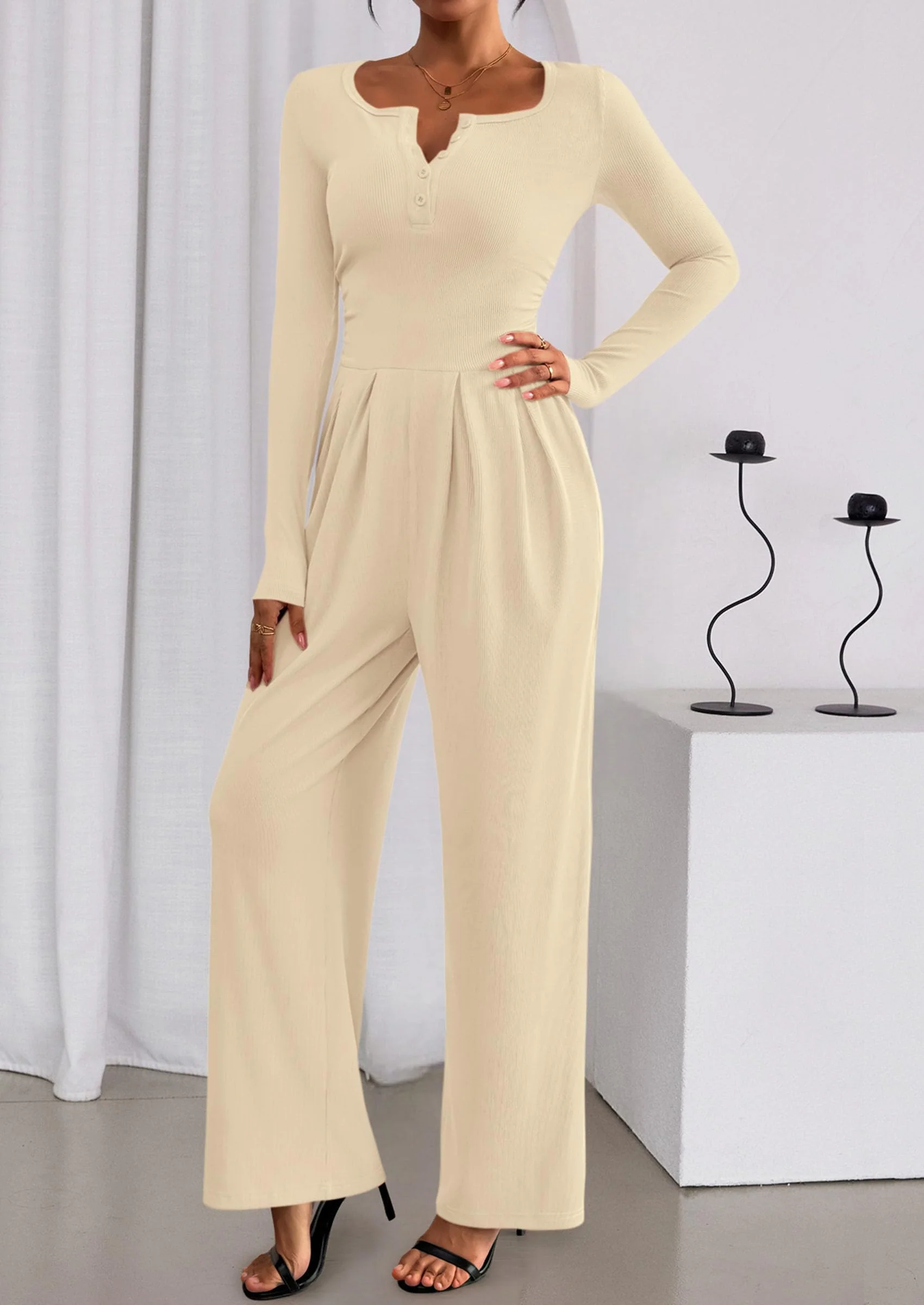 PRETTYGARDEN Jumpsuits for Women Dressy Casual Fall One Piece Outfits Long Sleeve Crew Neck Wide Leg Pants Rompers - Image 13