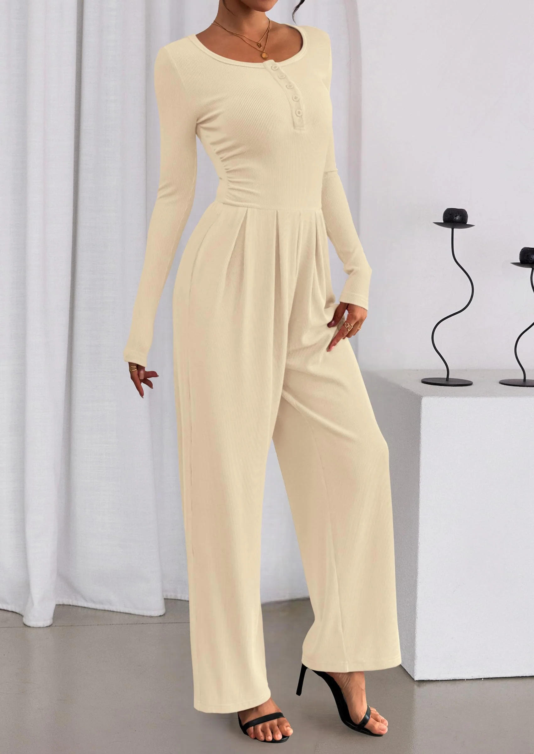 PRETTYGARDEN Jumpsuits for Women Dressy Casual Fall One Piece Outfits Long Sleeve Crew Neck Wide Leg Pants Rompers - Image 14