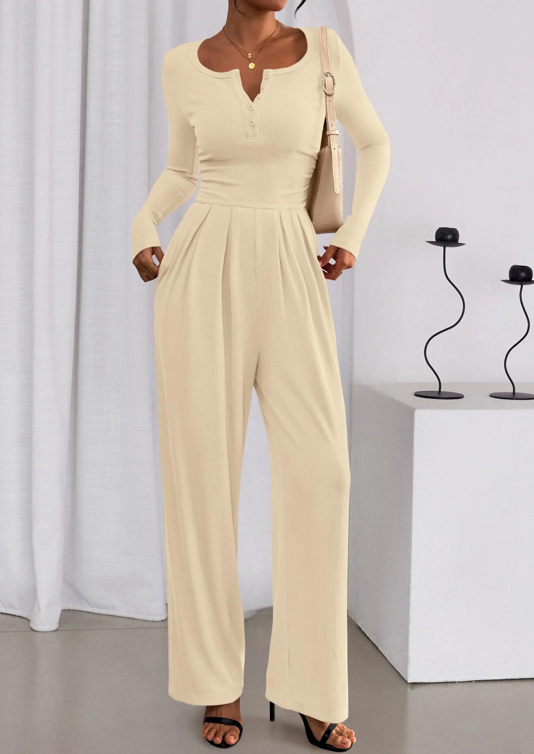 PRETTYGARDEN Jumpsuits for Women Dressy Casual Fall One Piece Outfits Long Sleeve Crew Neck Wide Leg Pants Rompers - Image 16