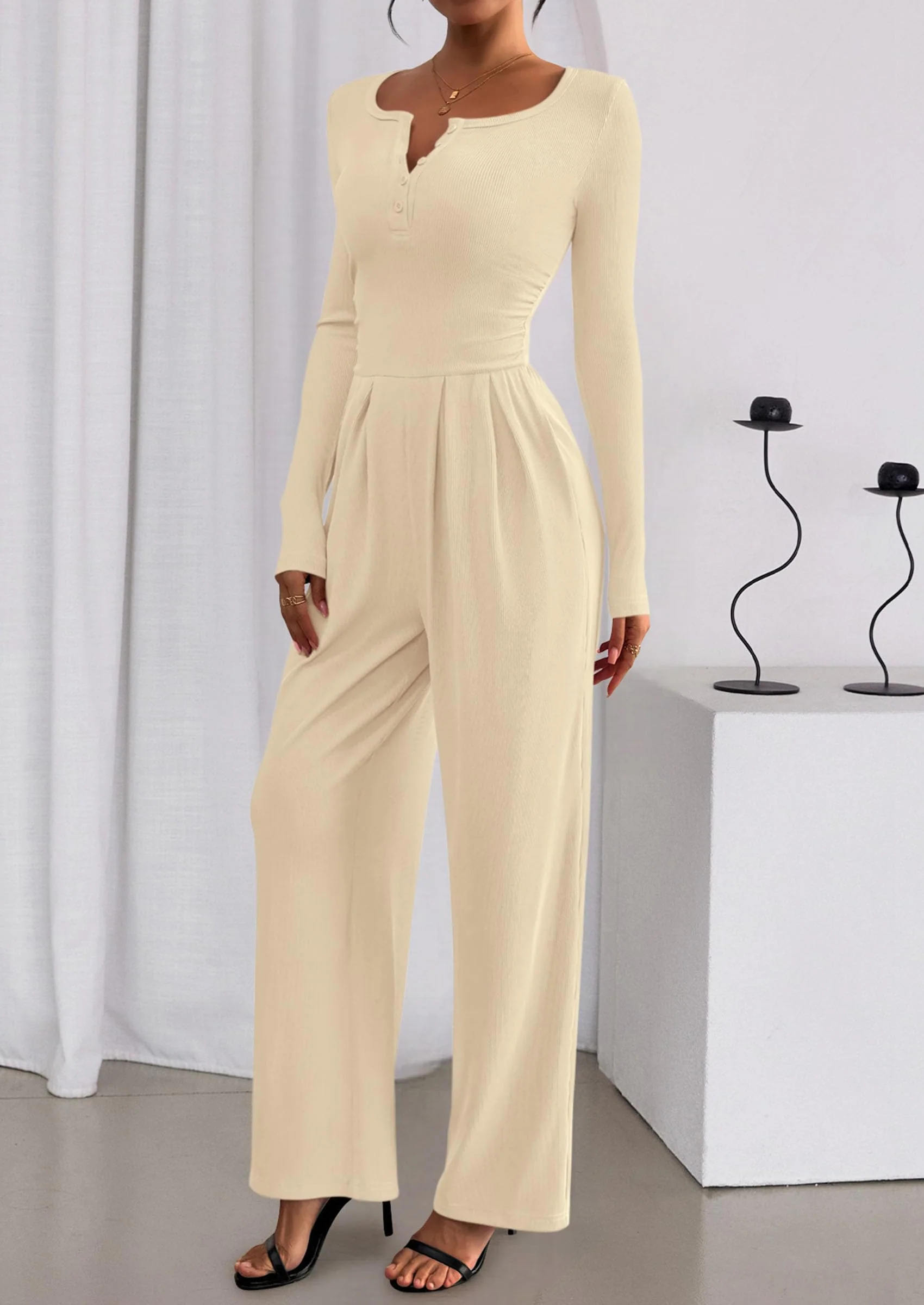 PRETTYGARDEN Jumpsuits for Women Dressy Casual Fall One Piece Outfits Long Sleeve Crew Neck Wide Leg Pants Rompers - Image 17