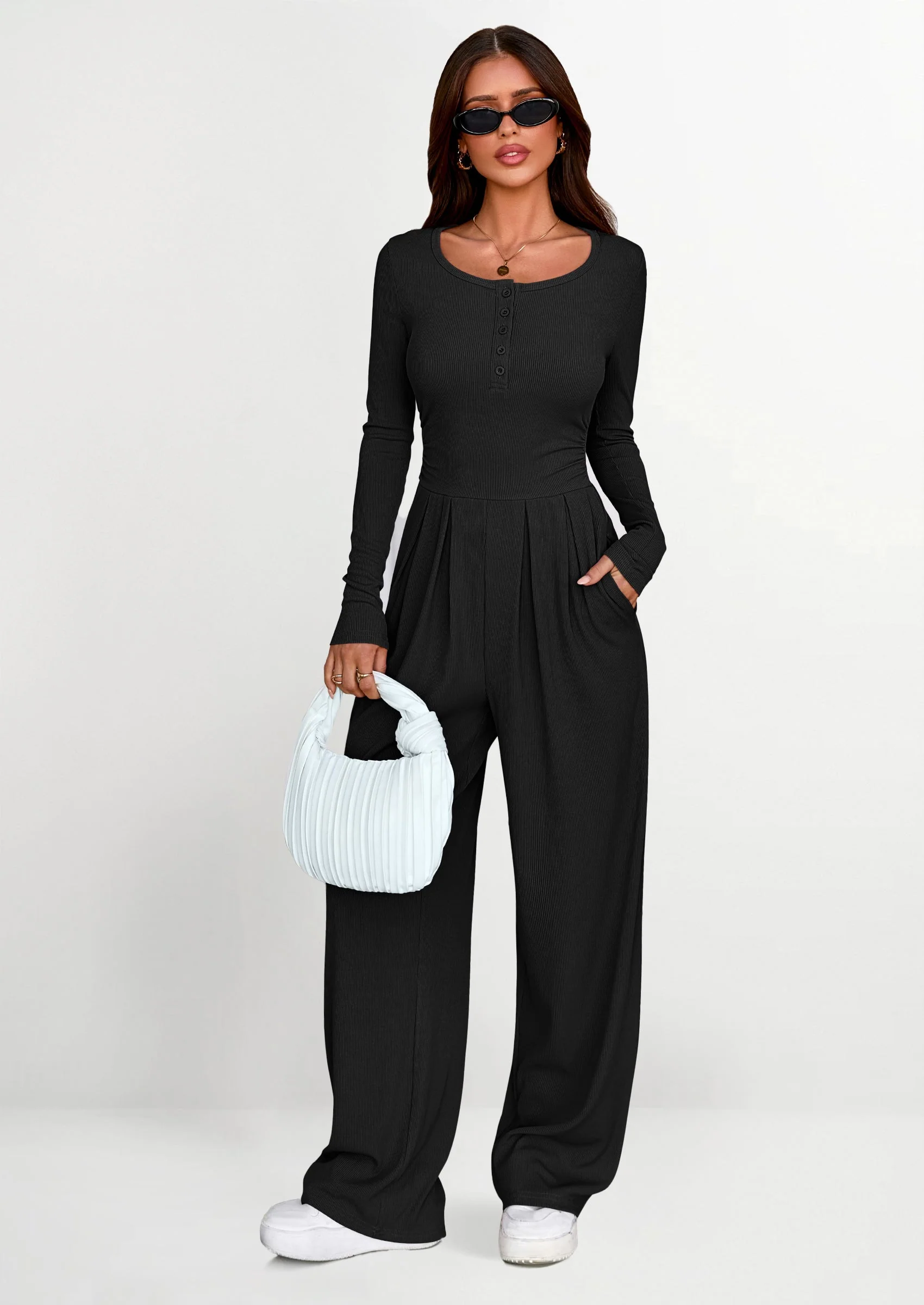 PRETTYGARDEN Jumpsuits for Women Dressy Casual Fall One Piece Outfits Long Sleeve Crew Neck Wide Leg Pants Rompers - Image 18