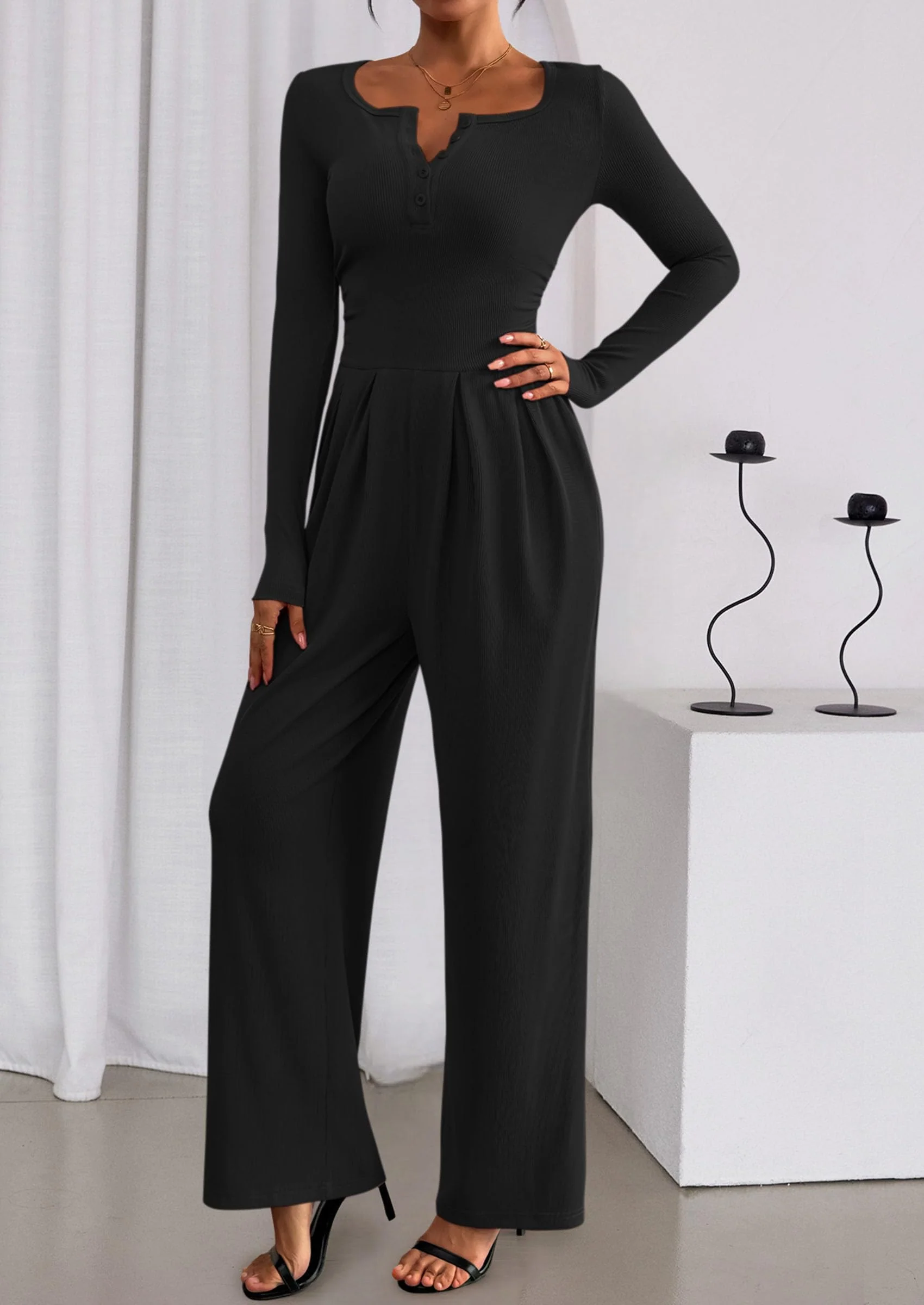 PRETTYGARDEN Jumpsuits for Women Dressy Casual Fall One Piece Outfits Long Sleeve Crew Neck Wide Leg Pants Rompers - Image 20