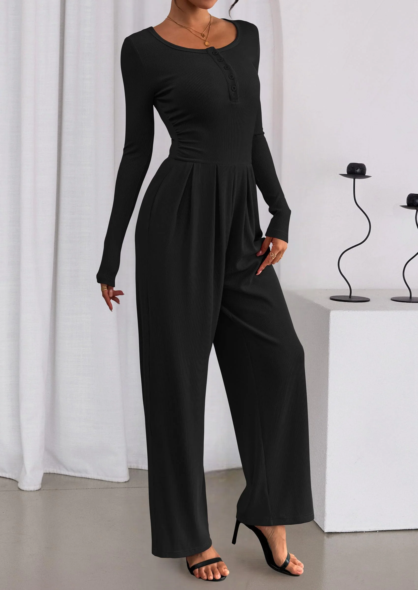 PRETTYGARDEN Jumpsuits for Women Dressy Casual Fall One Piece Outfits Long Sleeve Crew Neck Wide Leg Pants Rompers - Image 21