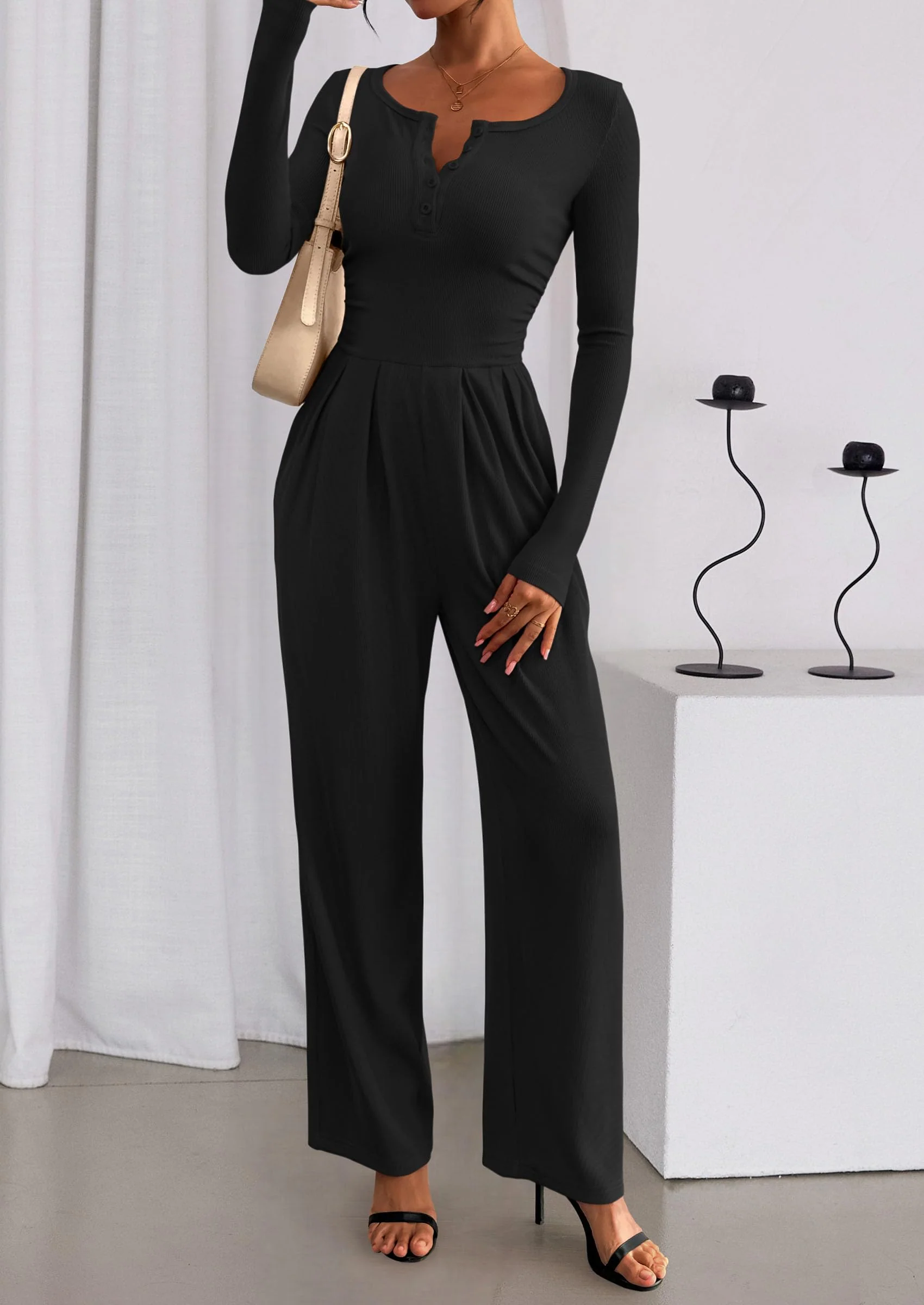 PRETTYGARDEN Jumpsuits for Women Dressy Casual Fall One Piece Outfits Long Sleeve Crew Neck Wide Leg Pants Rompers - Image 22