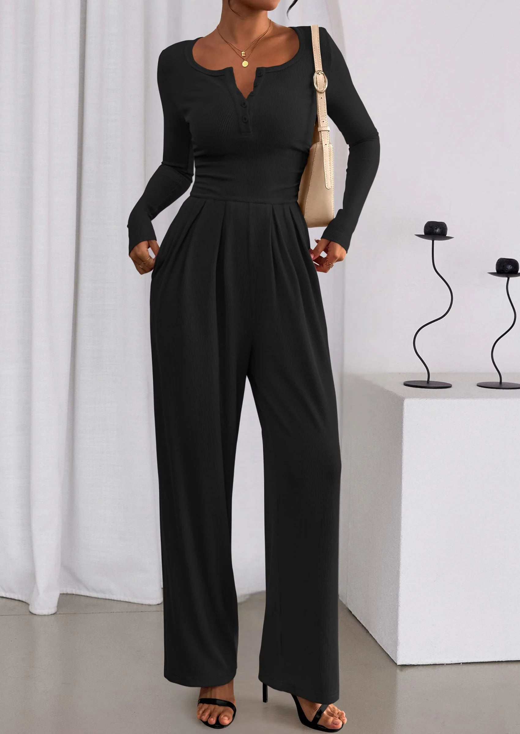 PRETTYGARDEN Jumpsuits for Women Dressy Casual Fall One Piece Outfits Long Sleeve Crew Neck Wide Leg Pants Rompers - Image 24