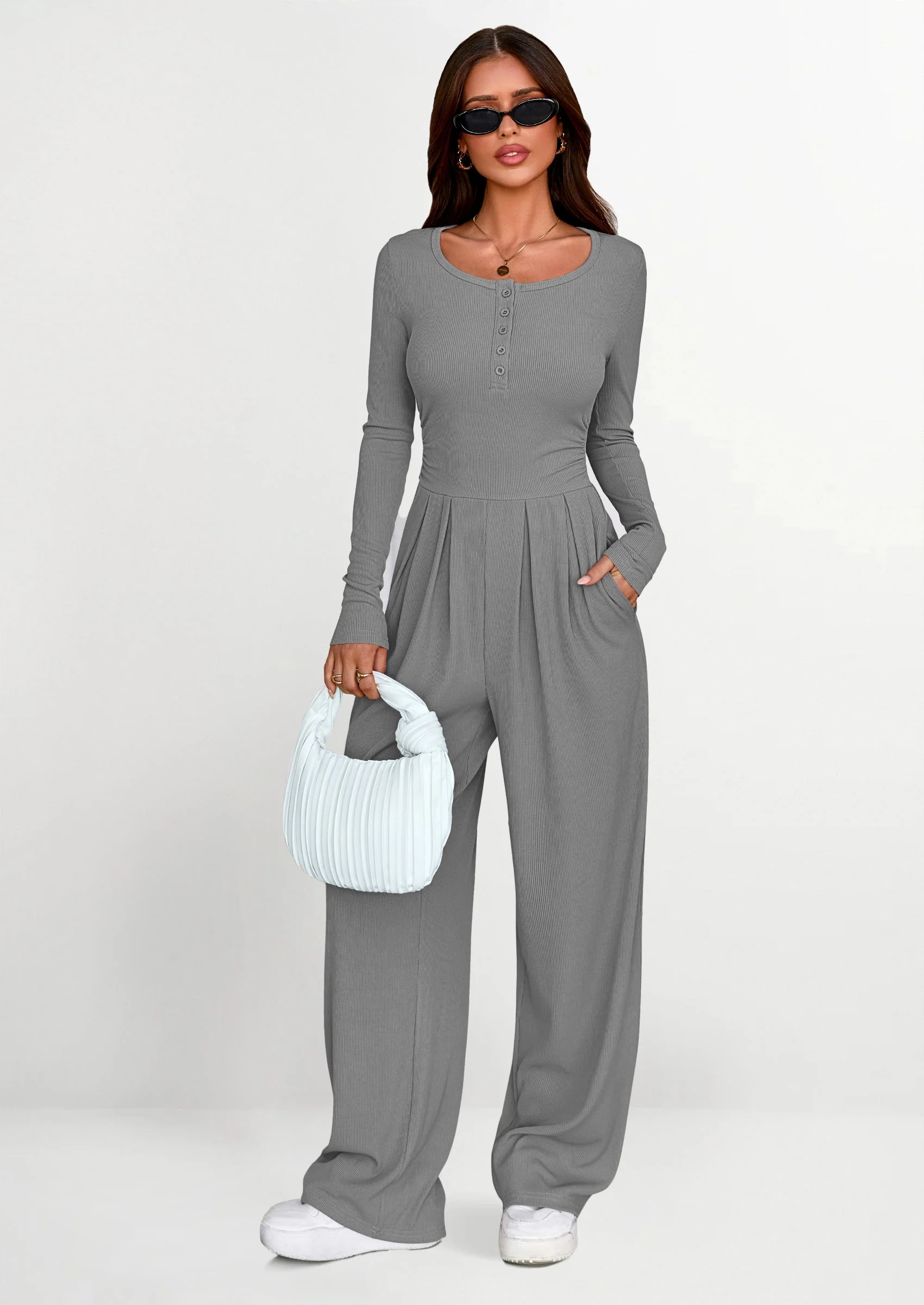 PRETTYGARDEN Jumpsuits for Women Dressy Casual Fall One Piece Outfits Long Sleeve Crew Neck Wide Leg Pants Rompers - Image 26