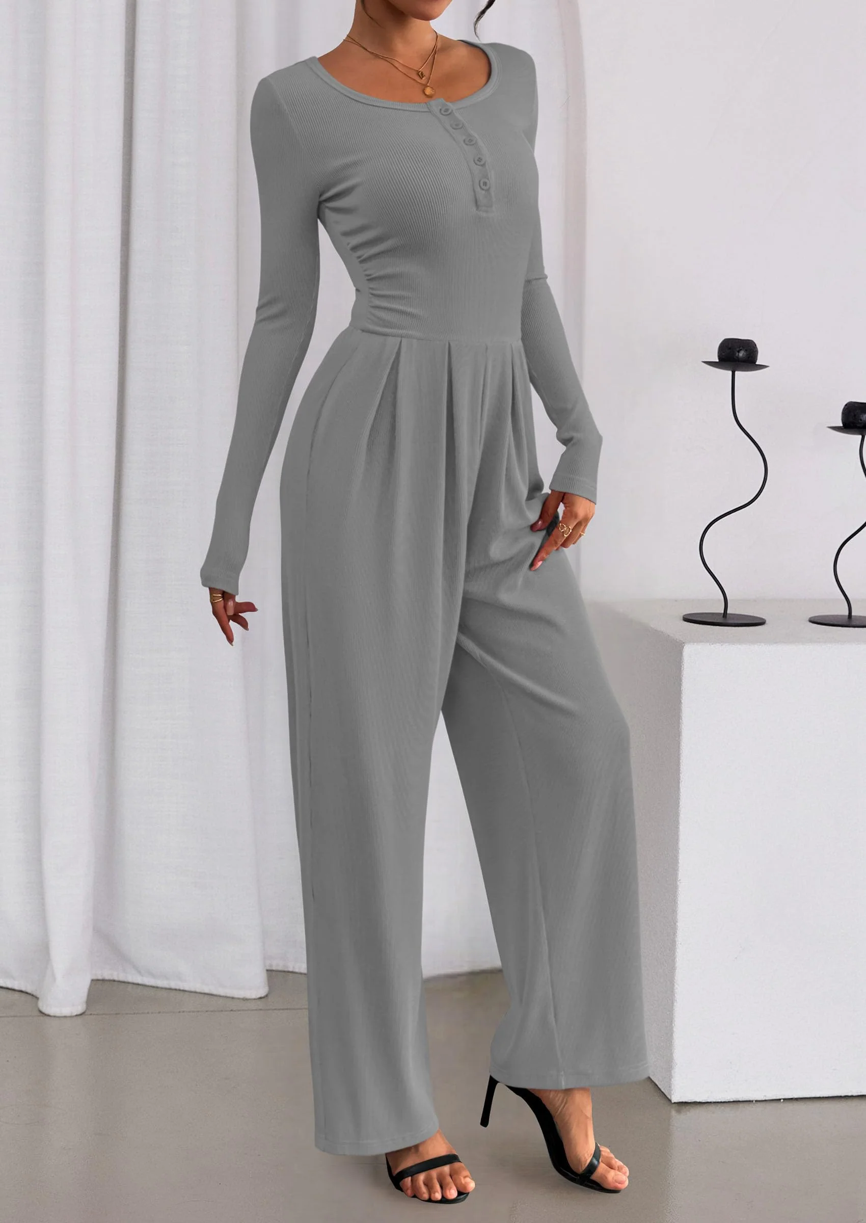 PRETTYGARDEN Jumpsuits for Women Dressy Casual Fall One Piece Outfits Long Sleeve Crew Neck Wide Leg Pants Rompers - Image 28