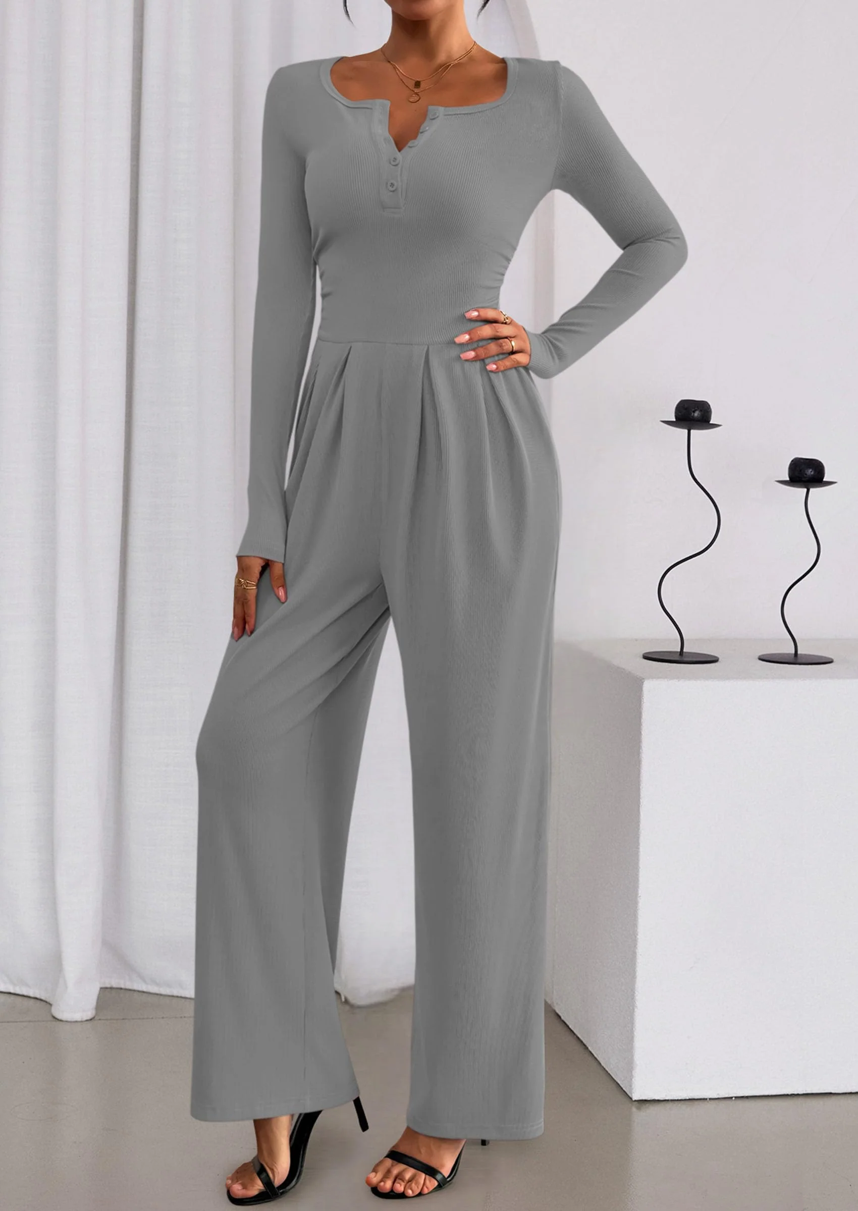 PRETTYGARDEN Jumpsuits for Women Dressy Casual Fall One Piece Outfits Long Sleeve Crew Neck Wide Leg Pants Rompers - Image 29