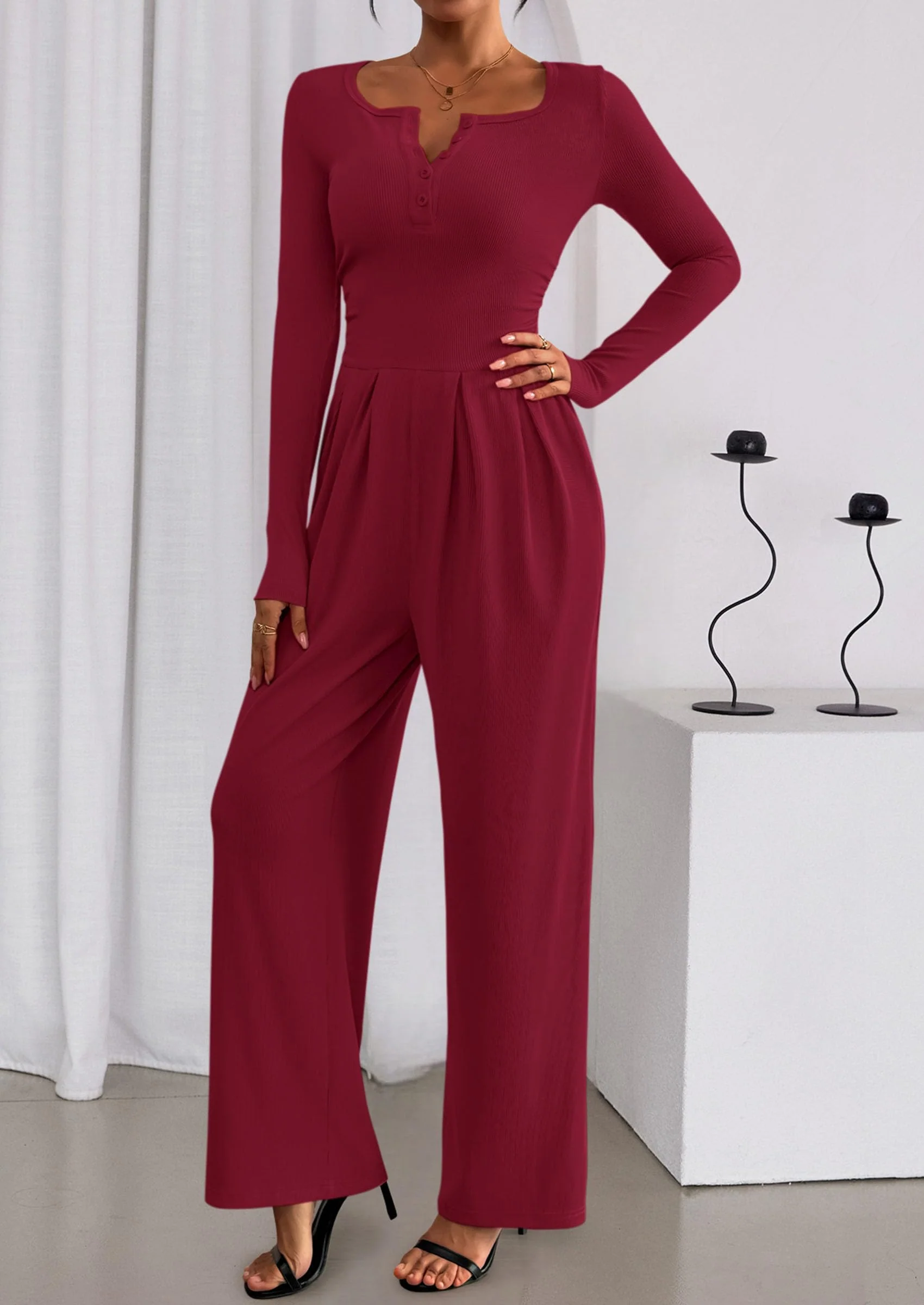 PRETTYGARDEN Jumpsuits for Women Dressy Casual Fall One Piece Outfits Long Sleeve Crew Neck Wide Leg Pants Rompers - Image 3