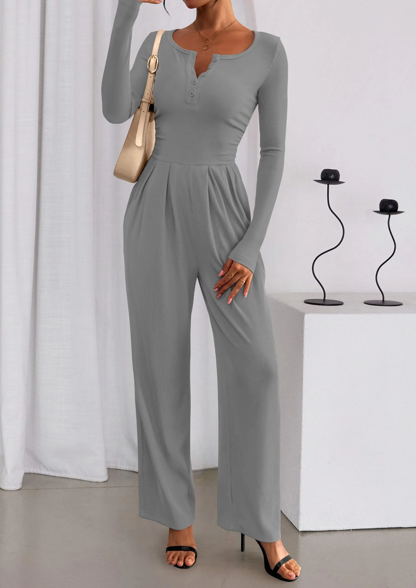 PRETTYGARDEN Jumpsuits for Women Dressy Casual Fall One Piece Outfits Long Sleeve Crew Neck Wide Leg Pants Rompers - Image 30