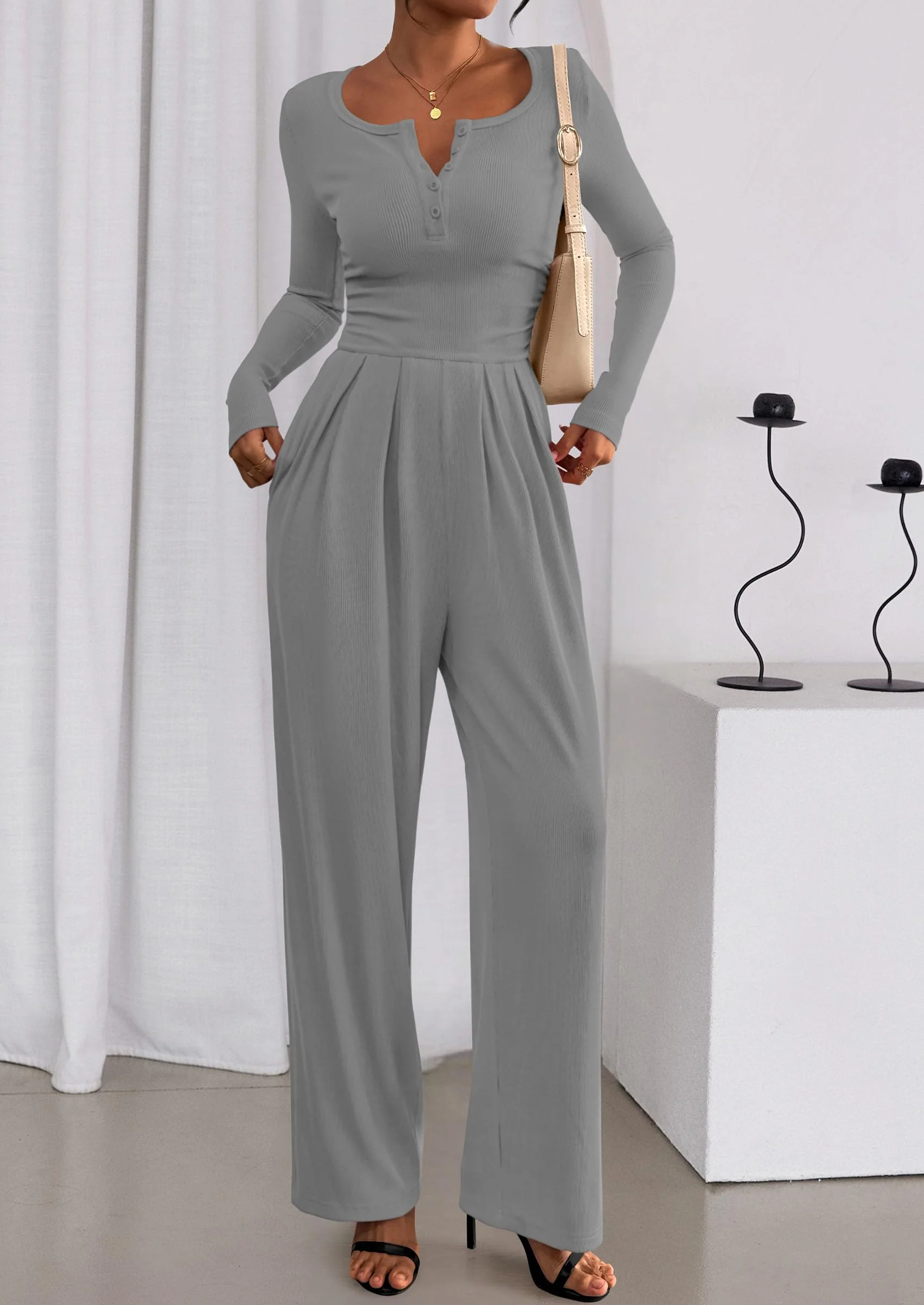 PRETTYGARDEN Jumpsuits for Women Dressy Casual Fall One Piece Outfits Long Sleeve Crew Neck Wide Leg Pants Rompers - Image 32