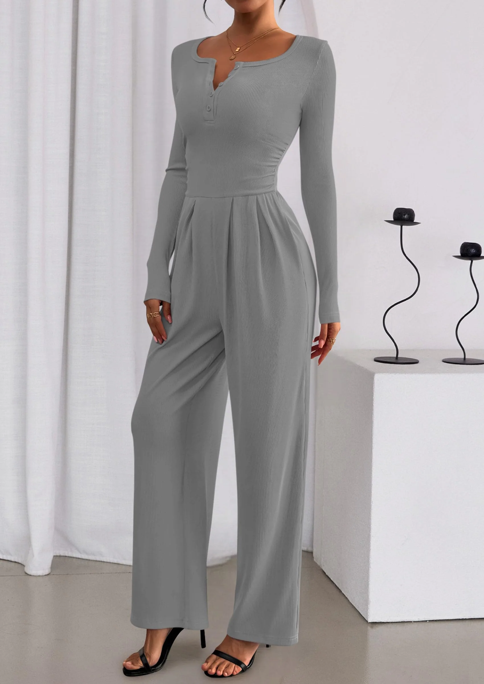 PRETTYGARDEN Jumpsuits for Women Dressy Casual Fall One Piece Outfits Long Sleeve Crew Neck Wide Leg Pants Rompers - Image 33