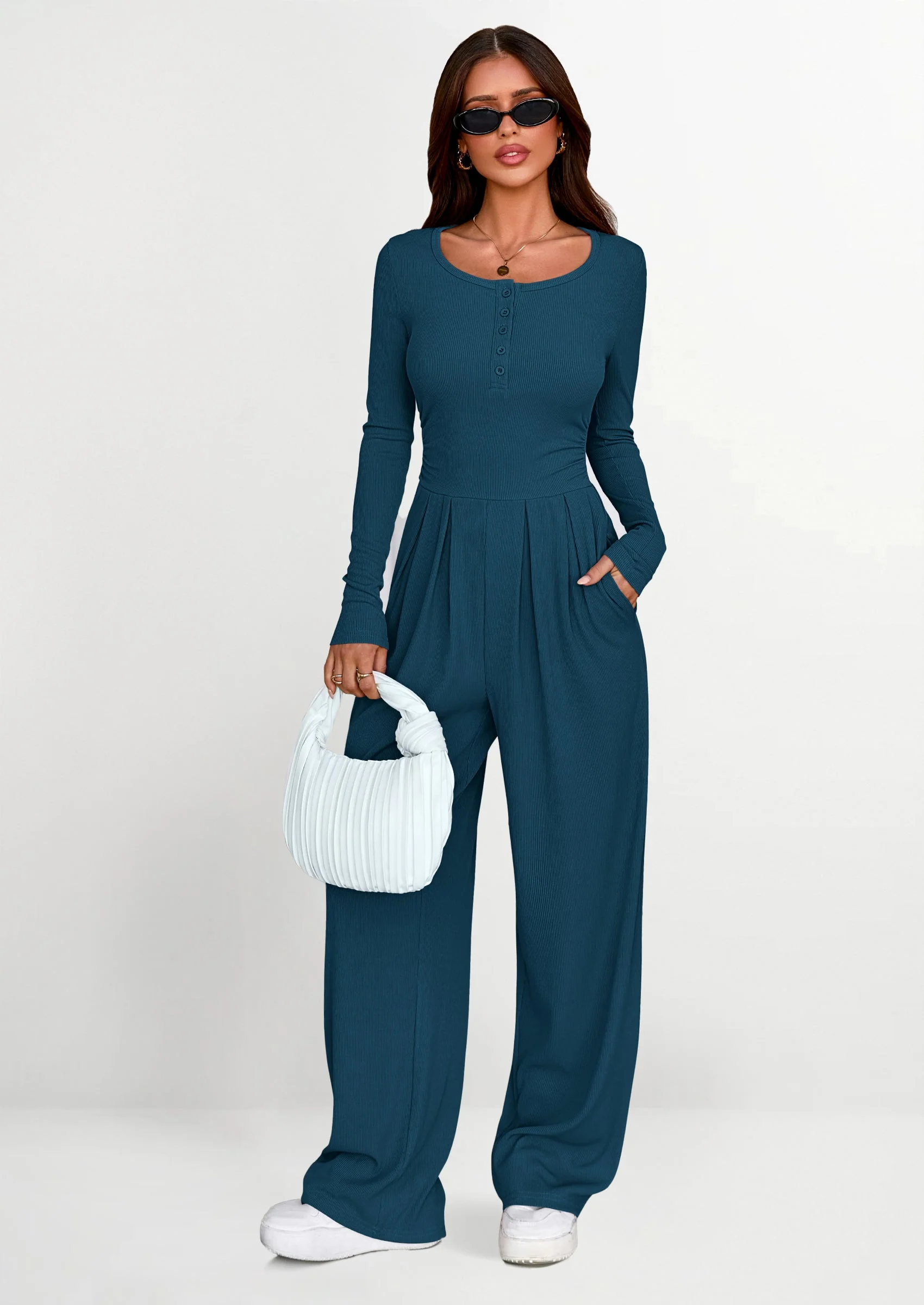 PRETTYGARDEN Jumpsuits for Women Dressy Casual Fall One Piece Outfits Long Sleeve Crew Neck Wide Leg Pants Rompers - Image 34