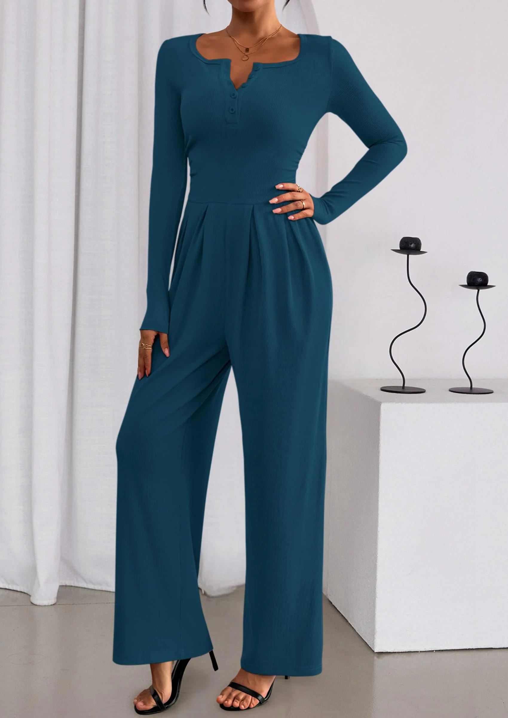 PRETTYGARDEN Jumpsuits for Women Dressy Casual Fall One Piece Outfits Long Sleeve Crew Neck Wide Leg Pants Rompers - Image 36