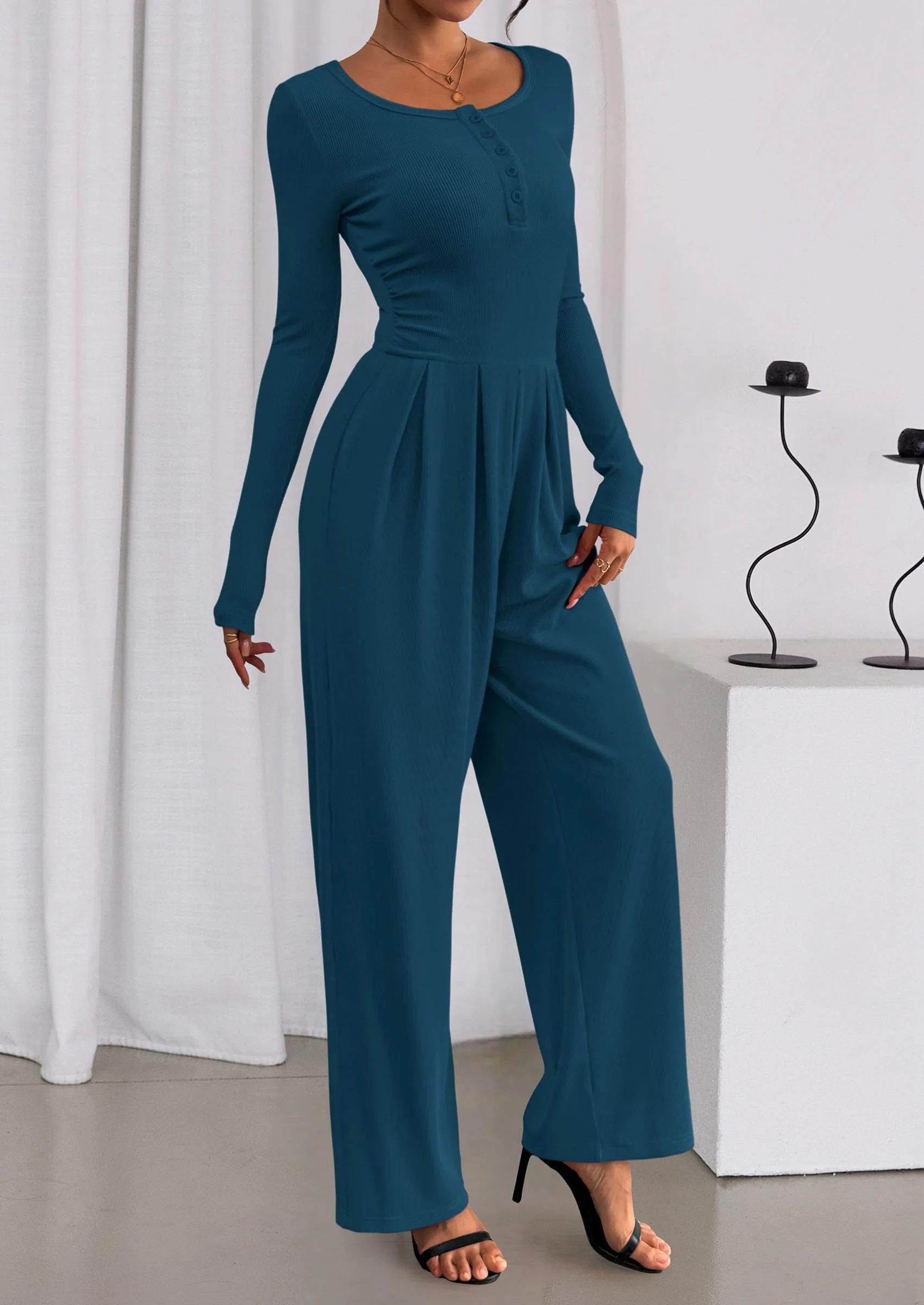 PRETTYGARDEN Jumpsuits for Women Dressy Casual Fall One Piece Outfits Long Sleeve Crew Neck Wide Leg Pants Rompers - Image 37