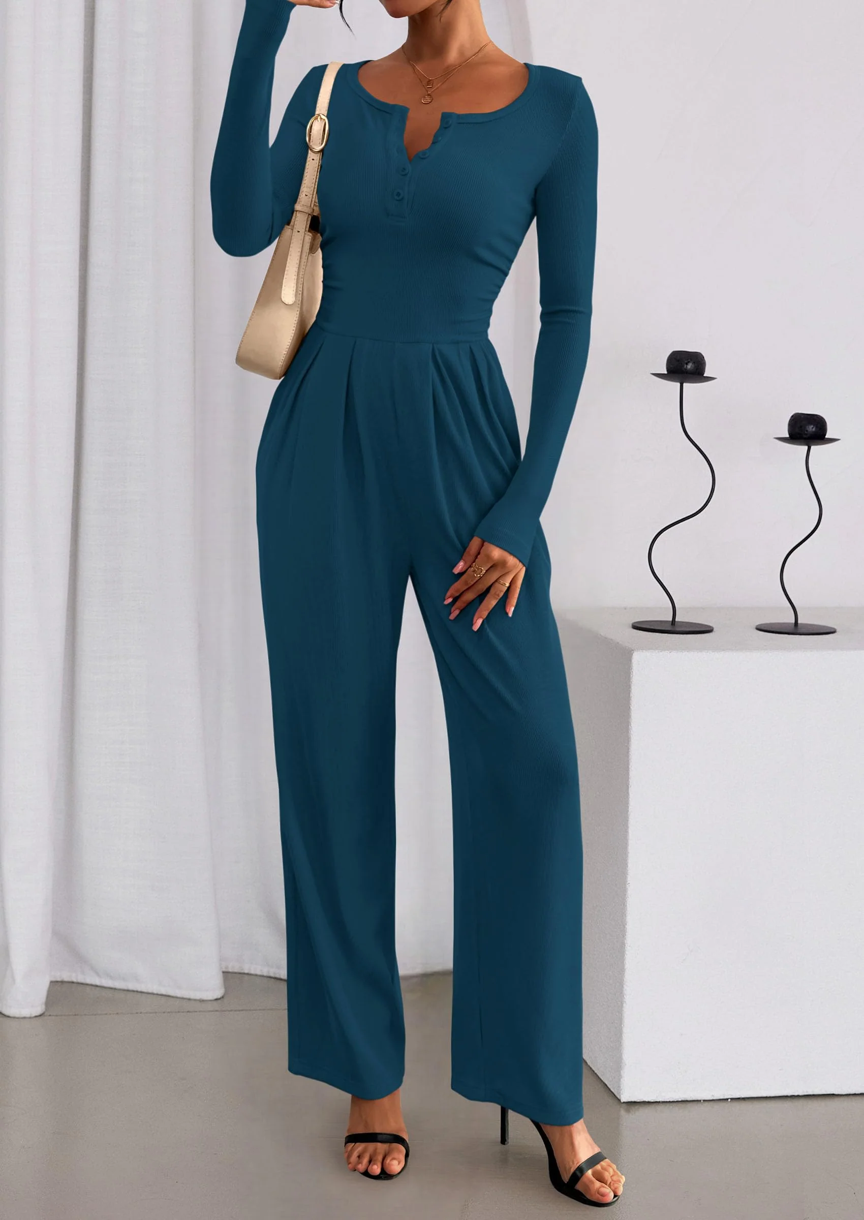 PRETTYGARDEN Jumpsuits for Women Dressy Casual Fall One Piece Outfits Long Sleeve Crew Neck Wide Leg Pants Rompers - Image 38