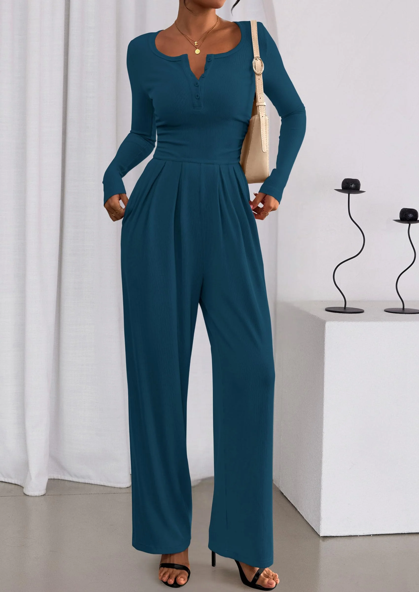 PRETTYGARDEN Jumpsuits for Women Dressy Casual Fall One Piece Outfits Long Sleeve Crew Neck Wide Leg Pants Rompers - Image 40