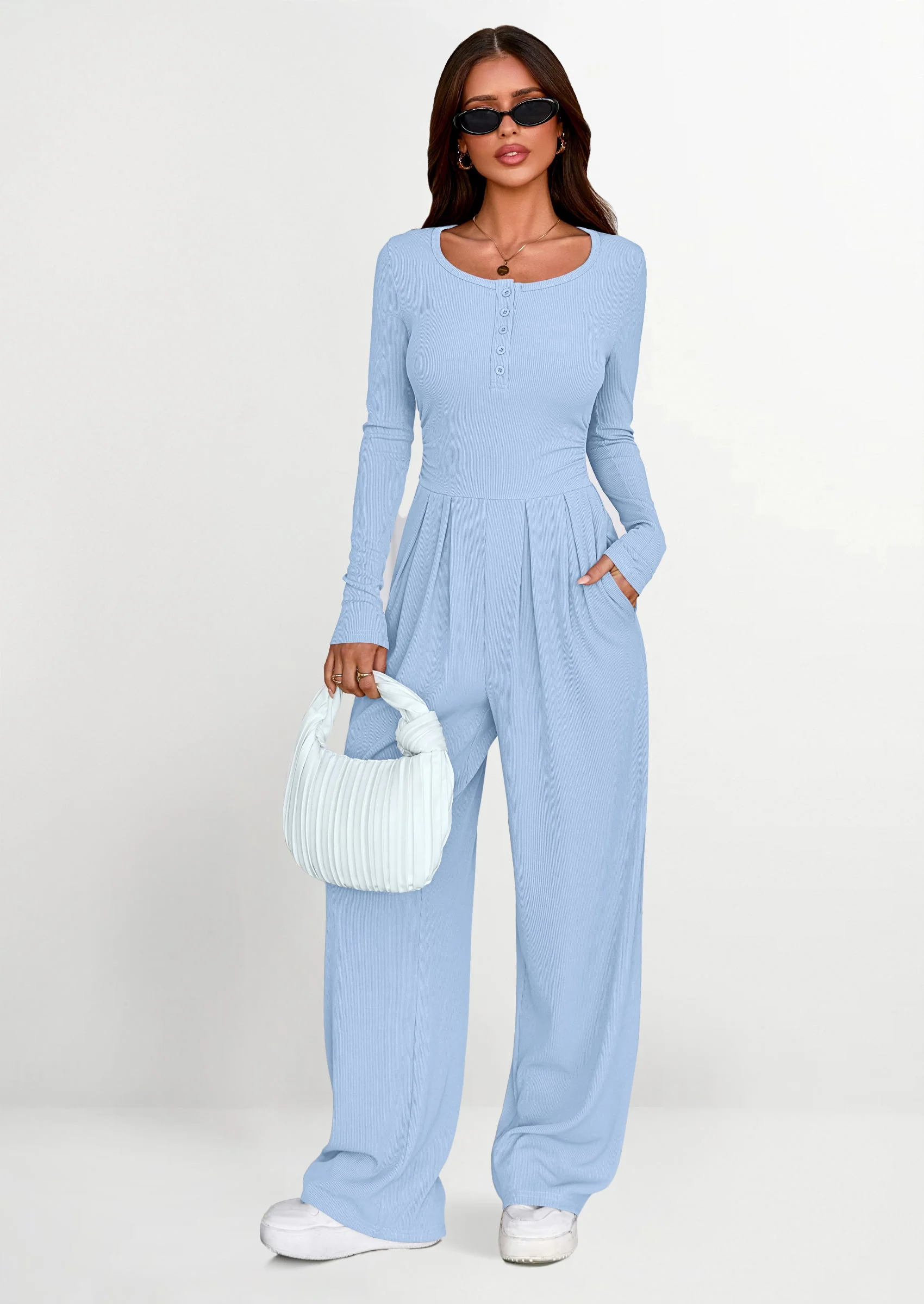 PRETTYGARDEN Jumpsuits for Women Dressy Casual Fall One Piece Outfits Long Sleeve Crew Neck Wide Leg Pants Rompers - Image 42