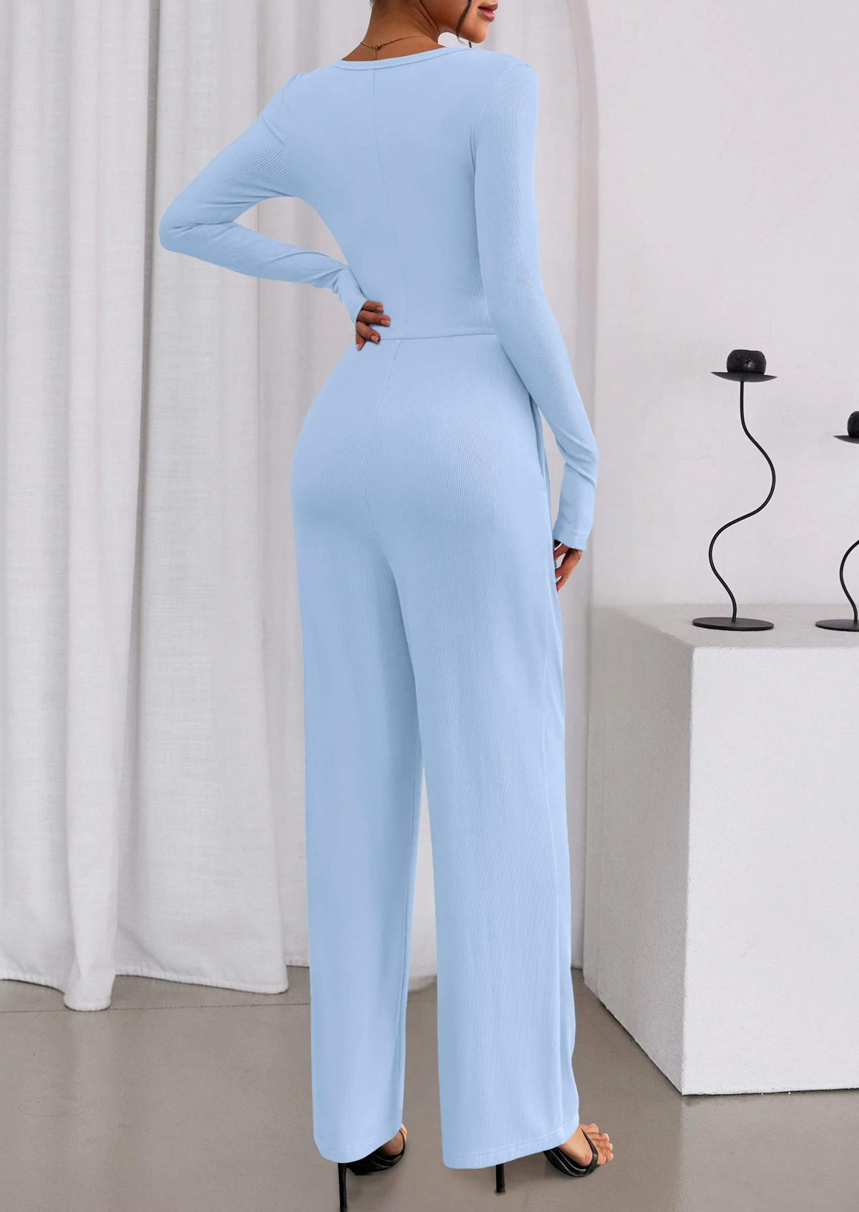 PRETTYGARDEN Jumpsuits for Women Dressy Casual Fall One Piece Outfits Long Sleeve Crew Neck Wide Leg Pants Rompers - Image 43