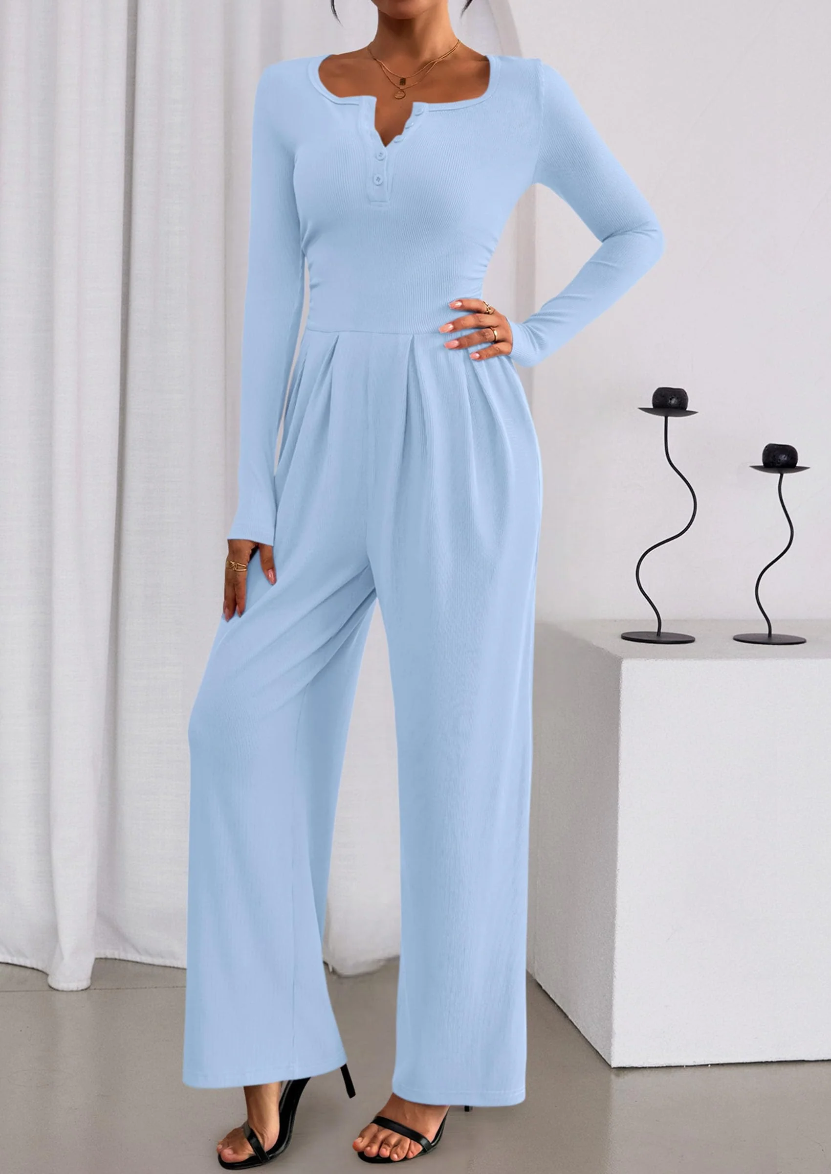 PRETTYGARDEN Jumpsuits for Women Dressy Casual Fall One Piece Outfits Long Sleeve Crew Neck Wide Leg Pants Rompers - Image 44